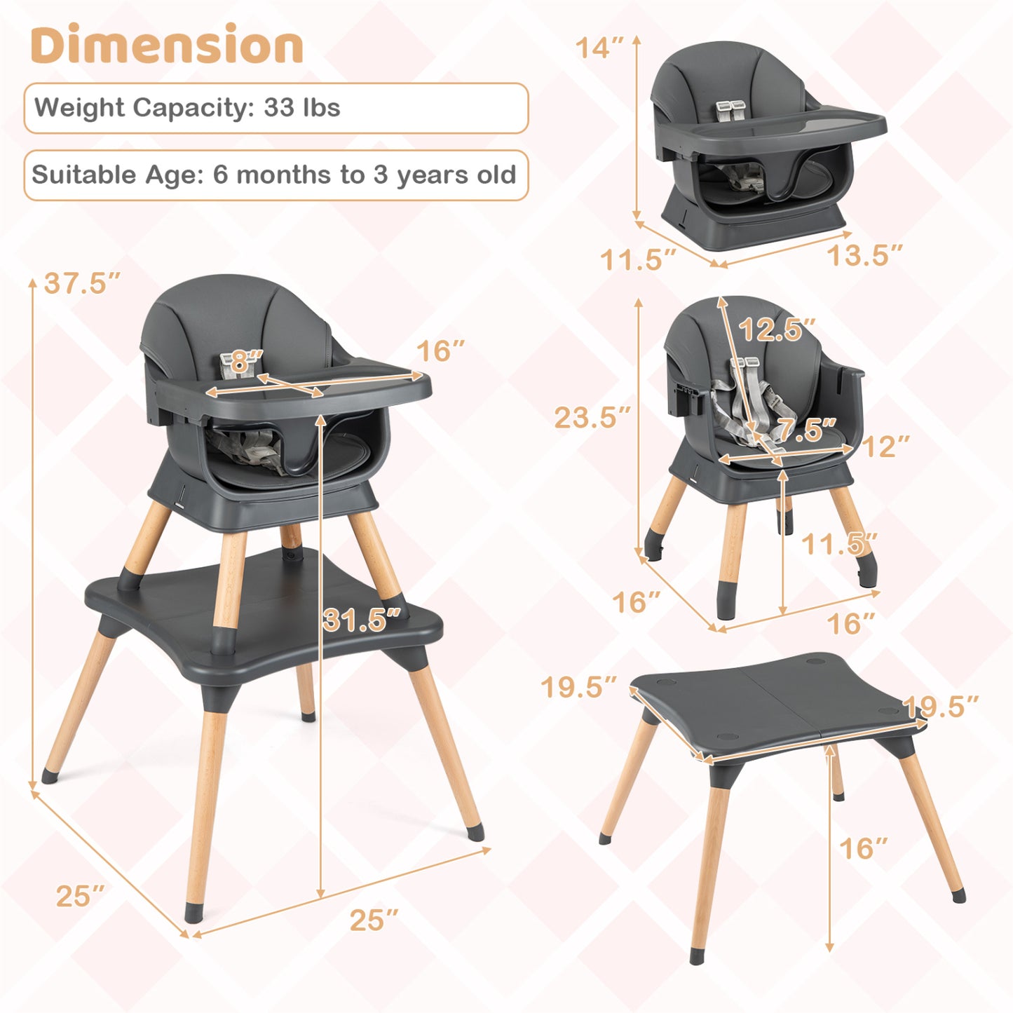 9-in-1 Convertible High Chair with Solid Wood Legs