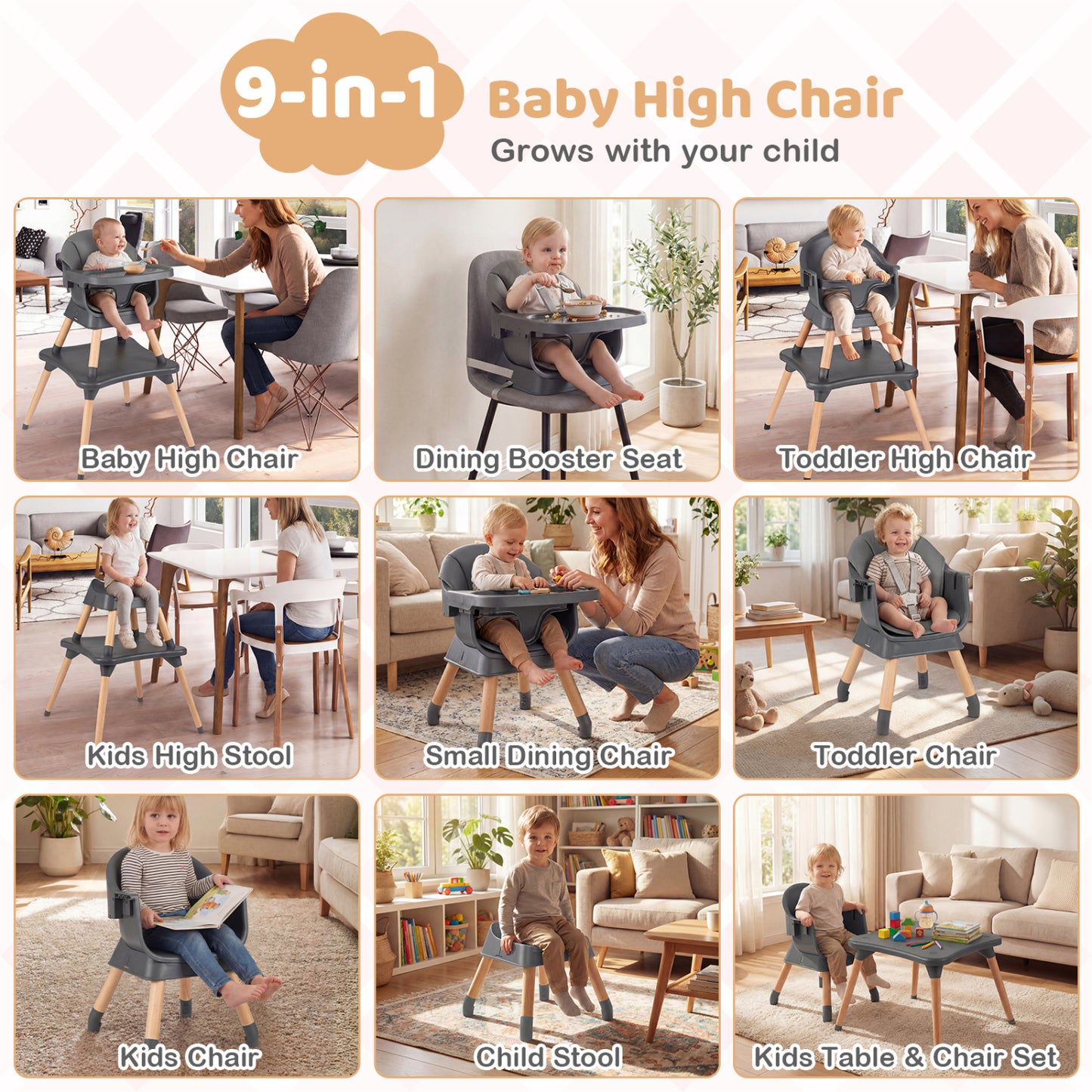 9-in-1 Convertible High Chair with Solid Wood Legs