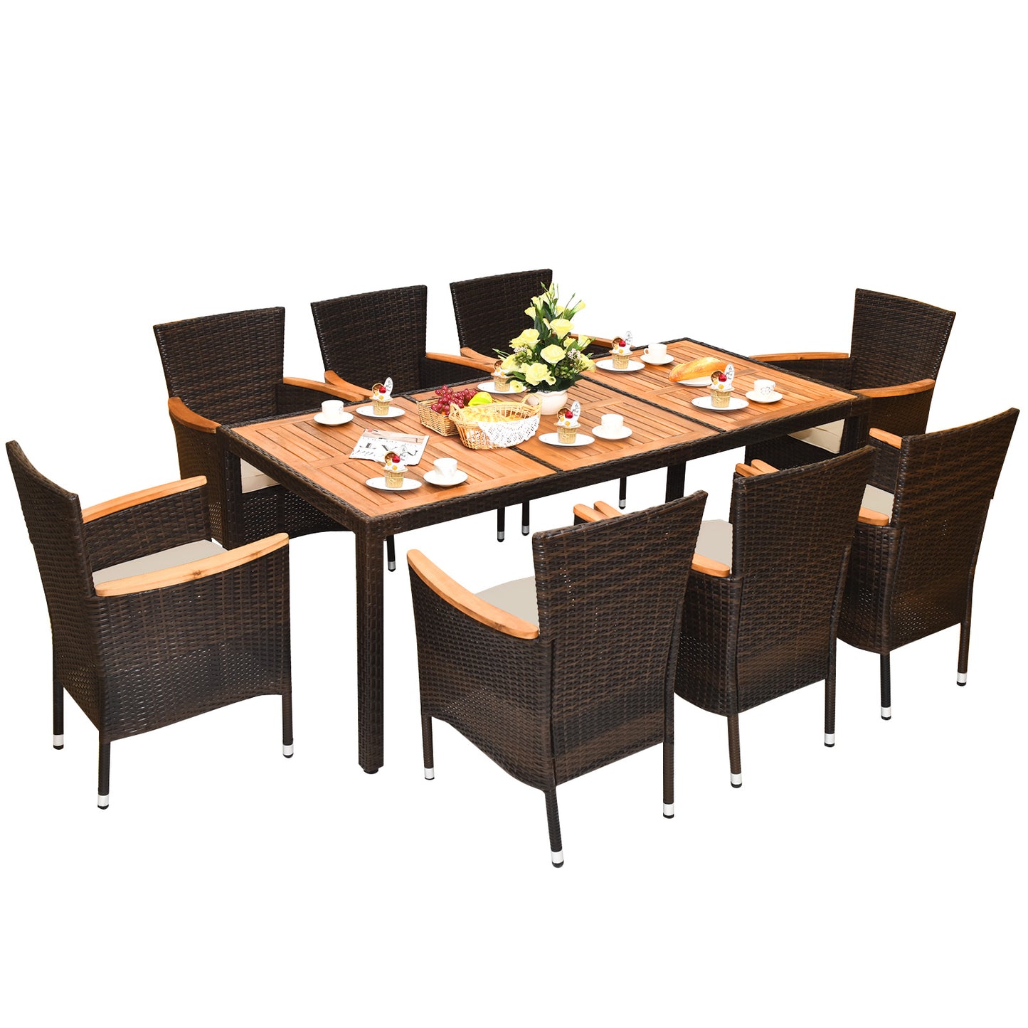 9-Piece Rattan Patio Dining Set with Acacia Wood Table