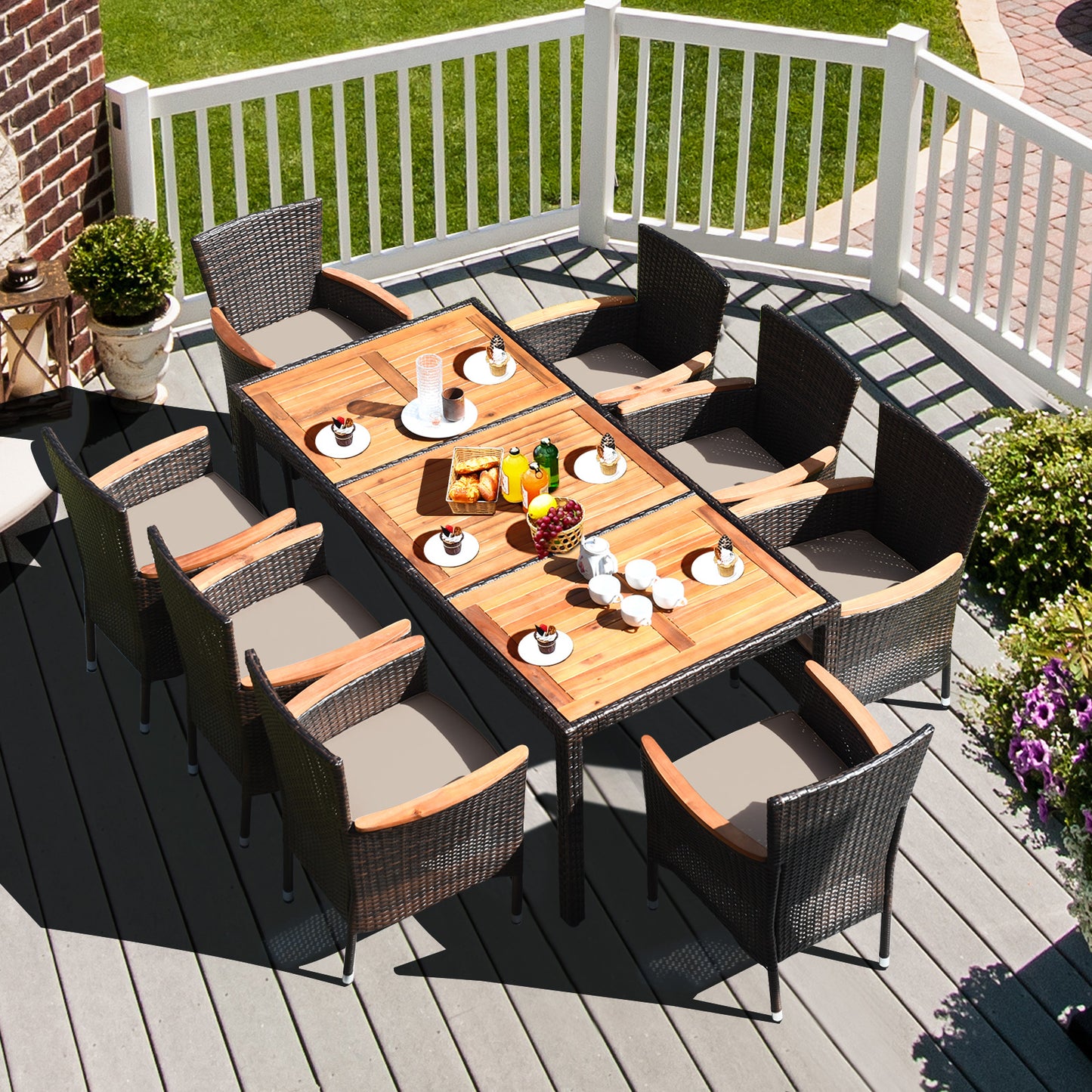 9-Piece Rattan Patio Dining Set with Acacia Wood Table