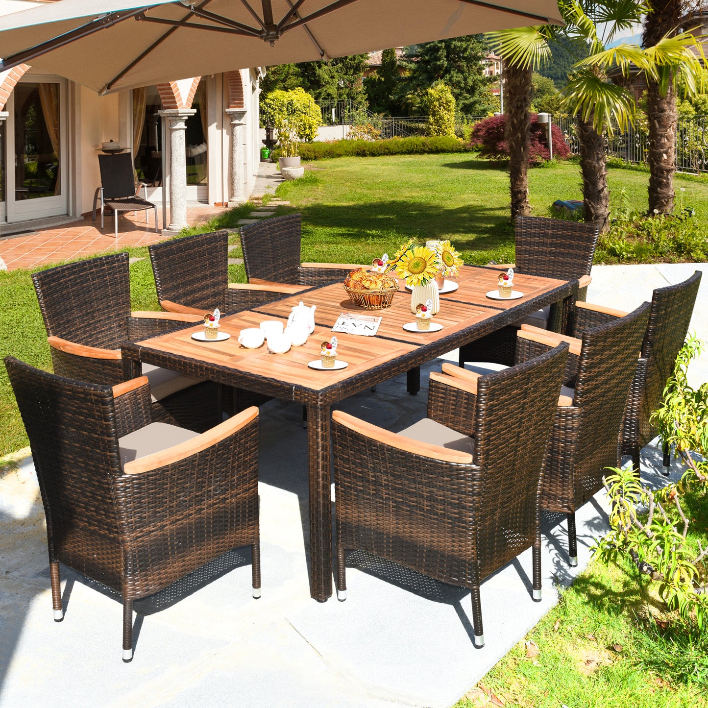 9-Piece Rattan Patio Dining Set with Acacia Wood Table