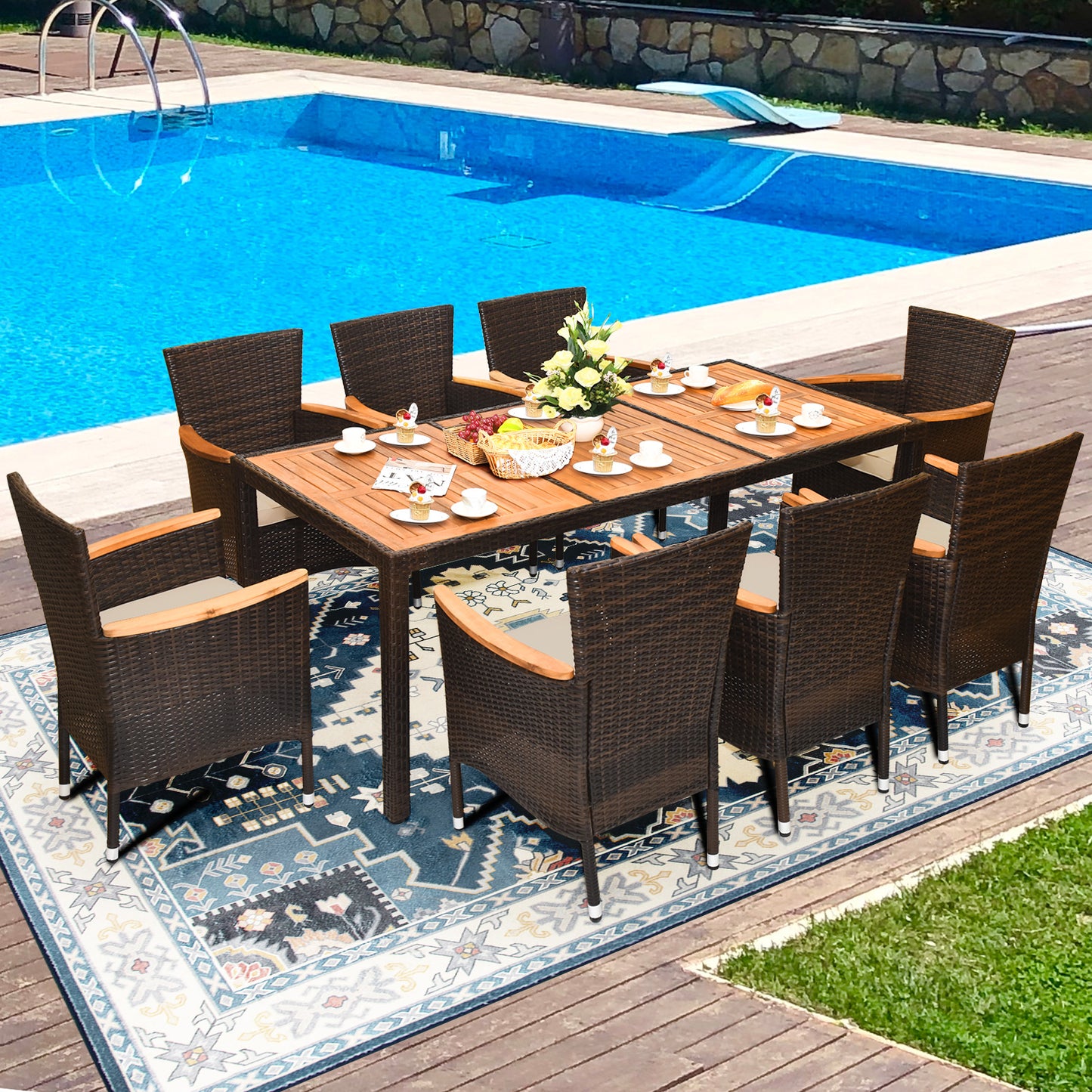 9-Piece Rattan Patio Dining Set with Acacia Wood Table