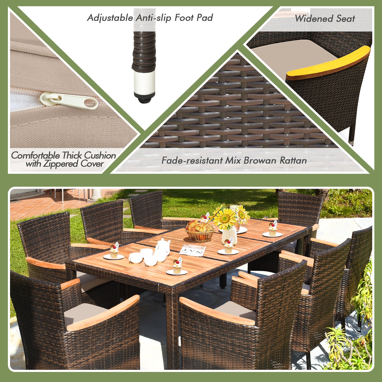 9-Piece Rattan Patio Dining Set with Acacia Wood Table