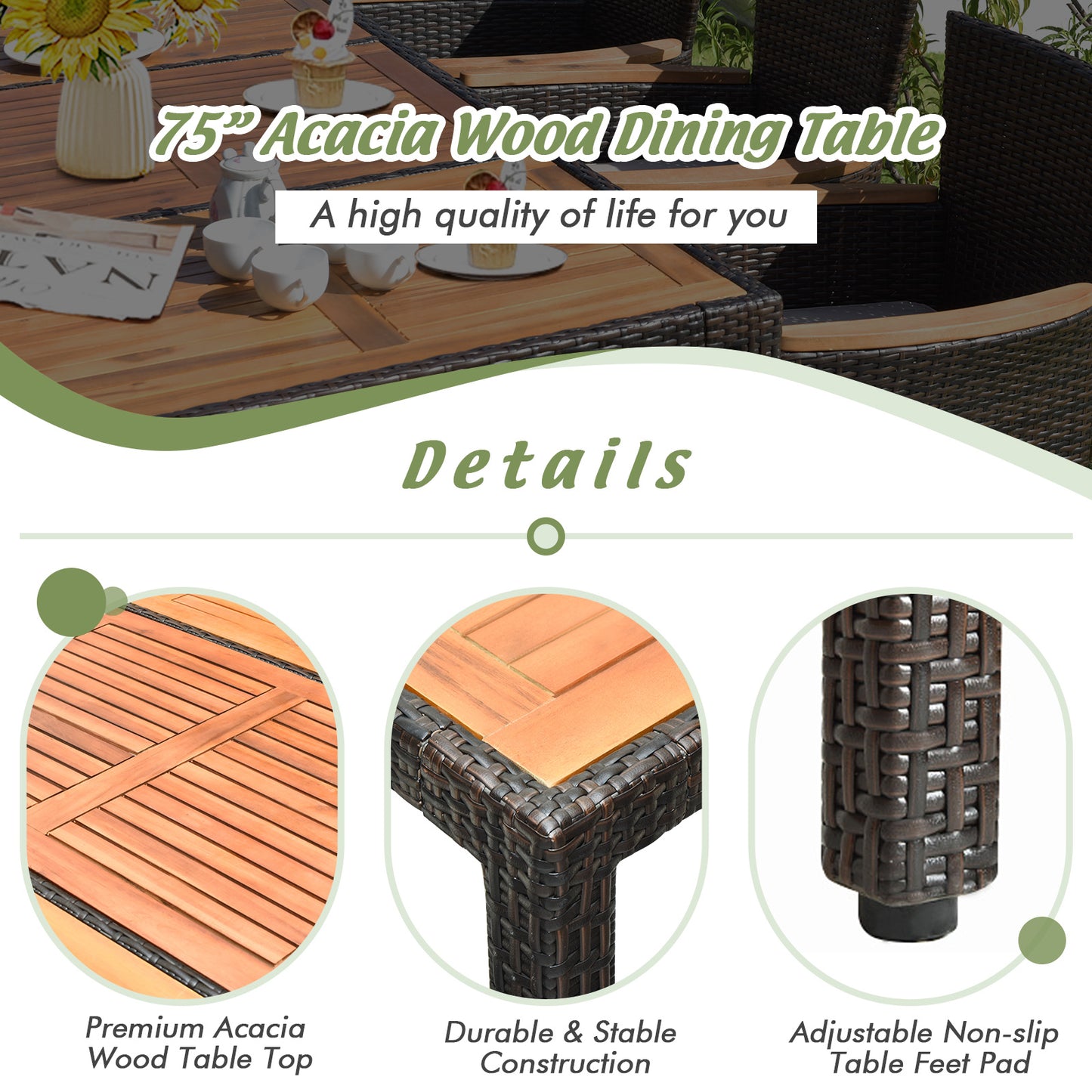 9-Piece Rattan Patio Dining Set with Acacia Wood Table