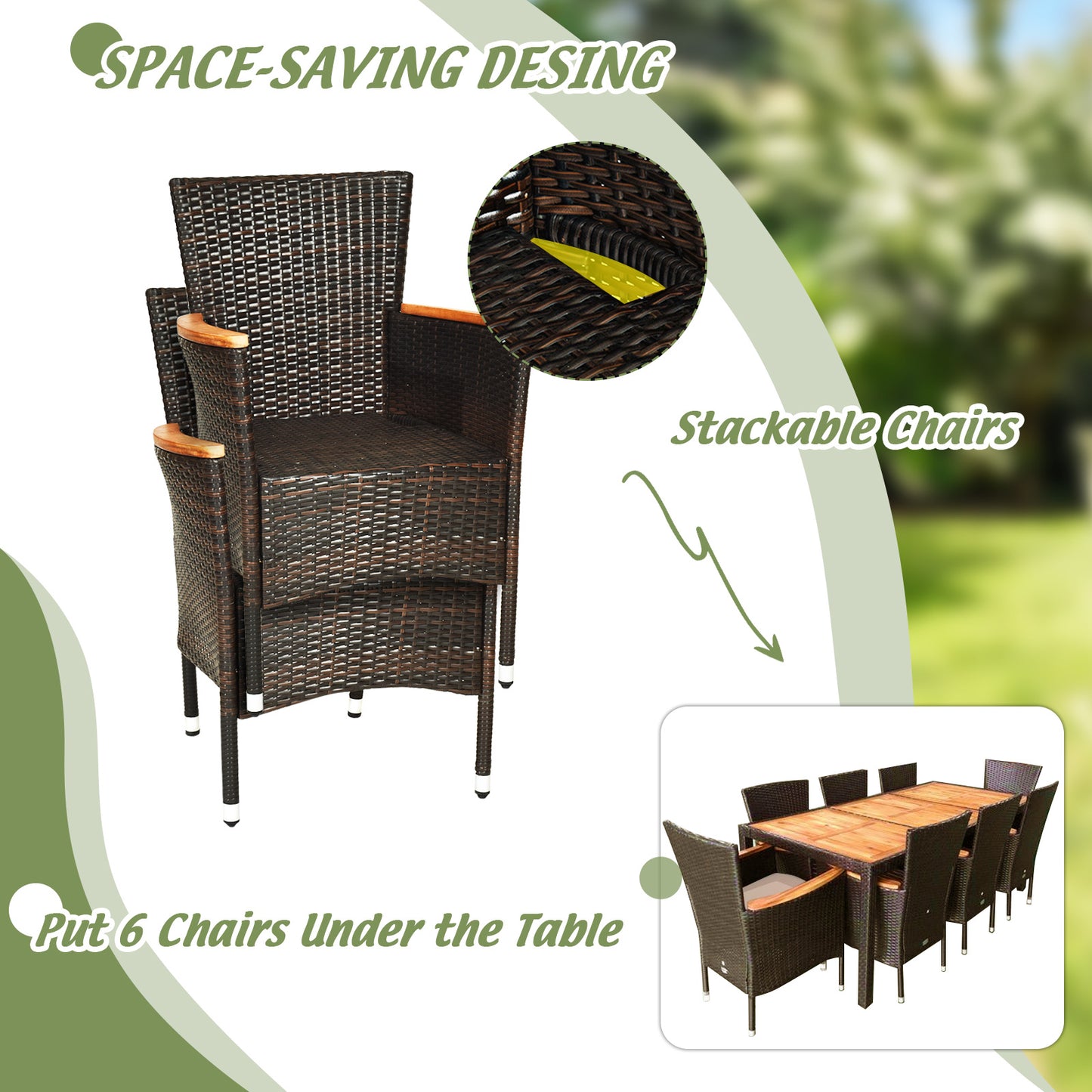 9-Piece Rattan Patio Dining Set with Acacia Wood Table