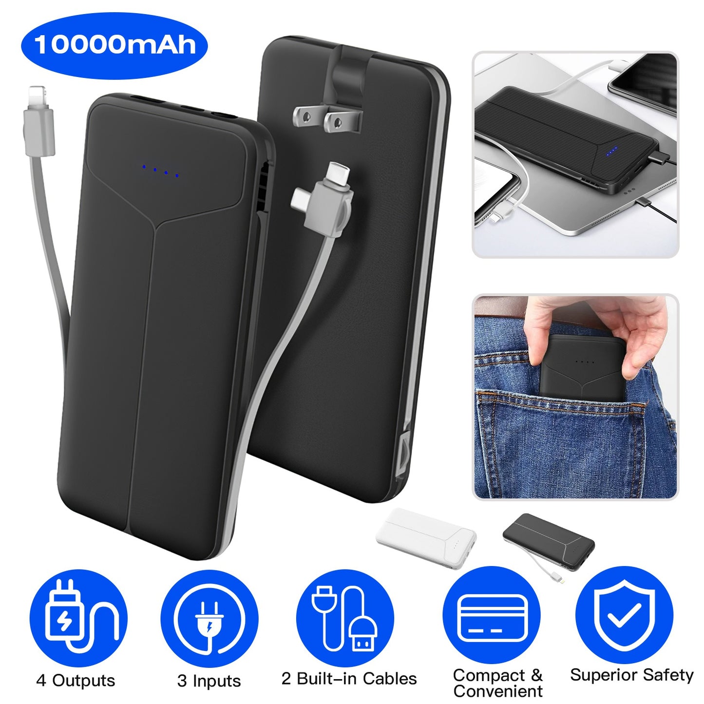10000mAh Power Bank with Built-In Cables & US Plug