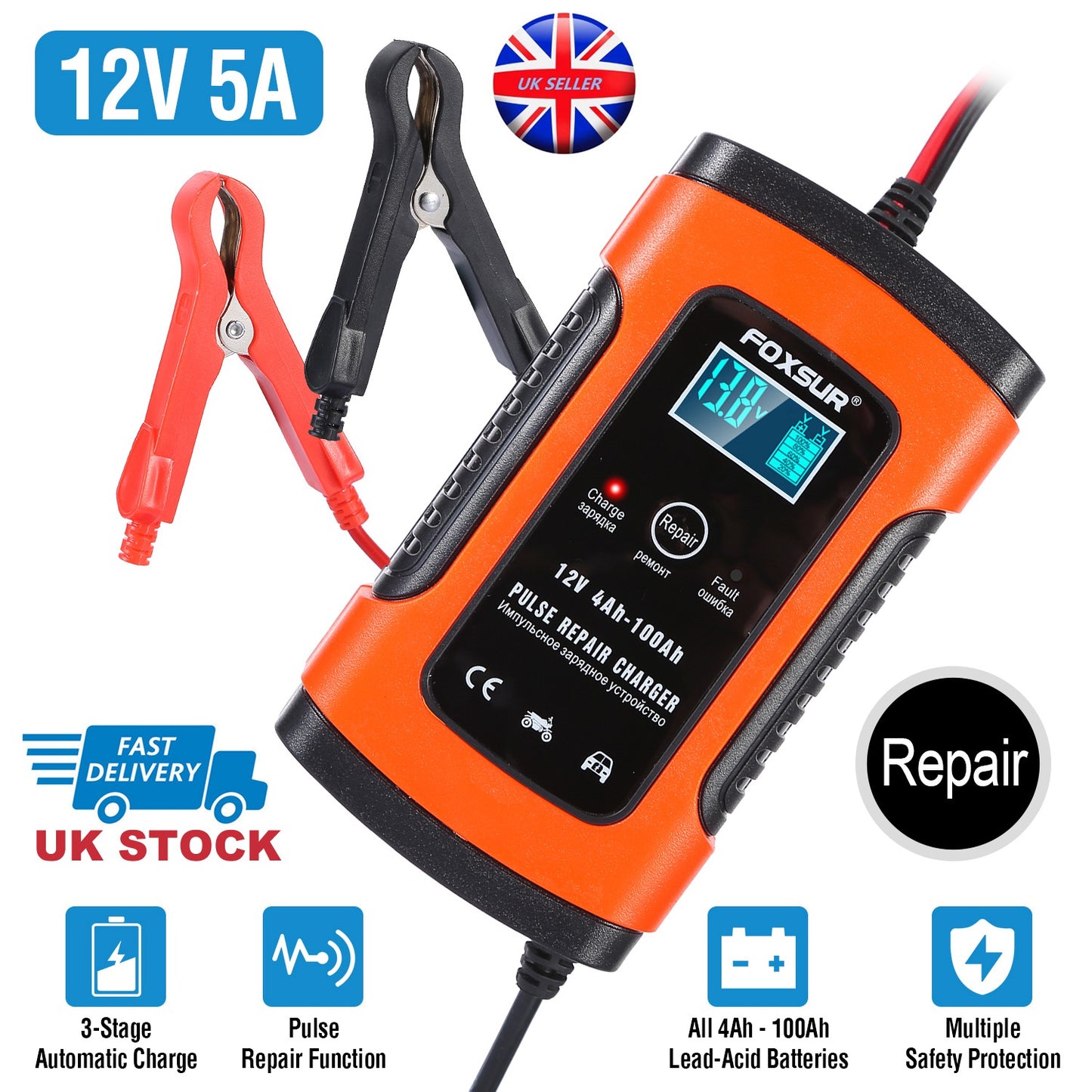 12V 5A Battery Charger with LCD Display and Pulse Repair