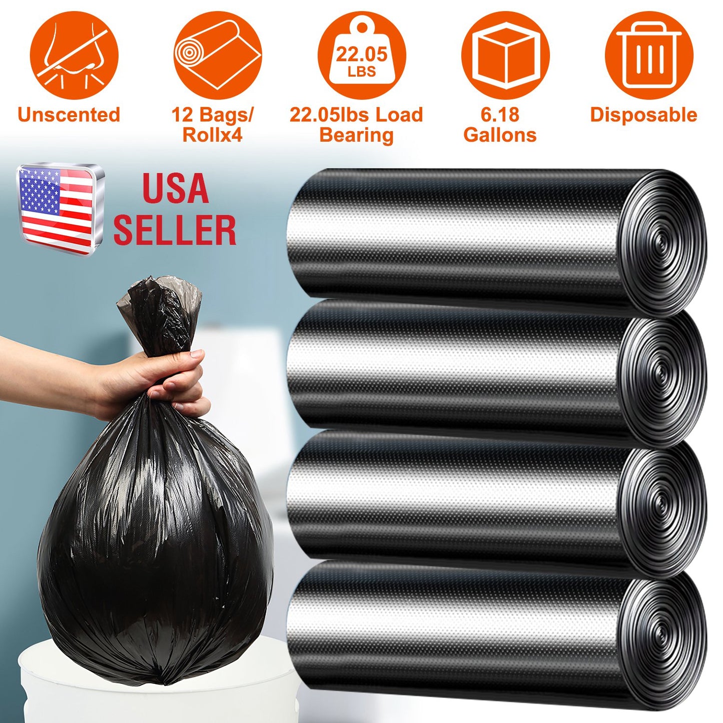 6.18 Gallon Trash Bags - 48 Count Black Unscented Liners