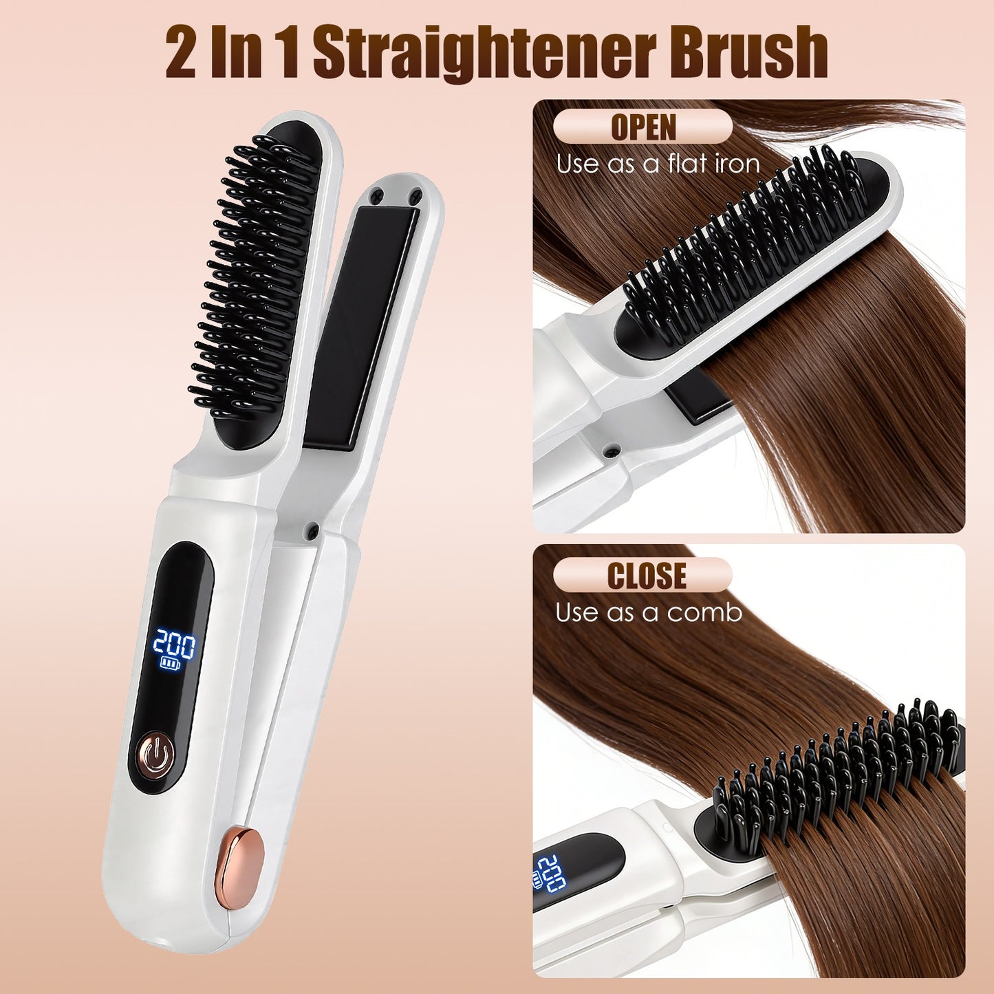 Cordless Hair Straightener Brush 2-in-1 Ceramic Flat Iron