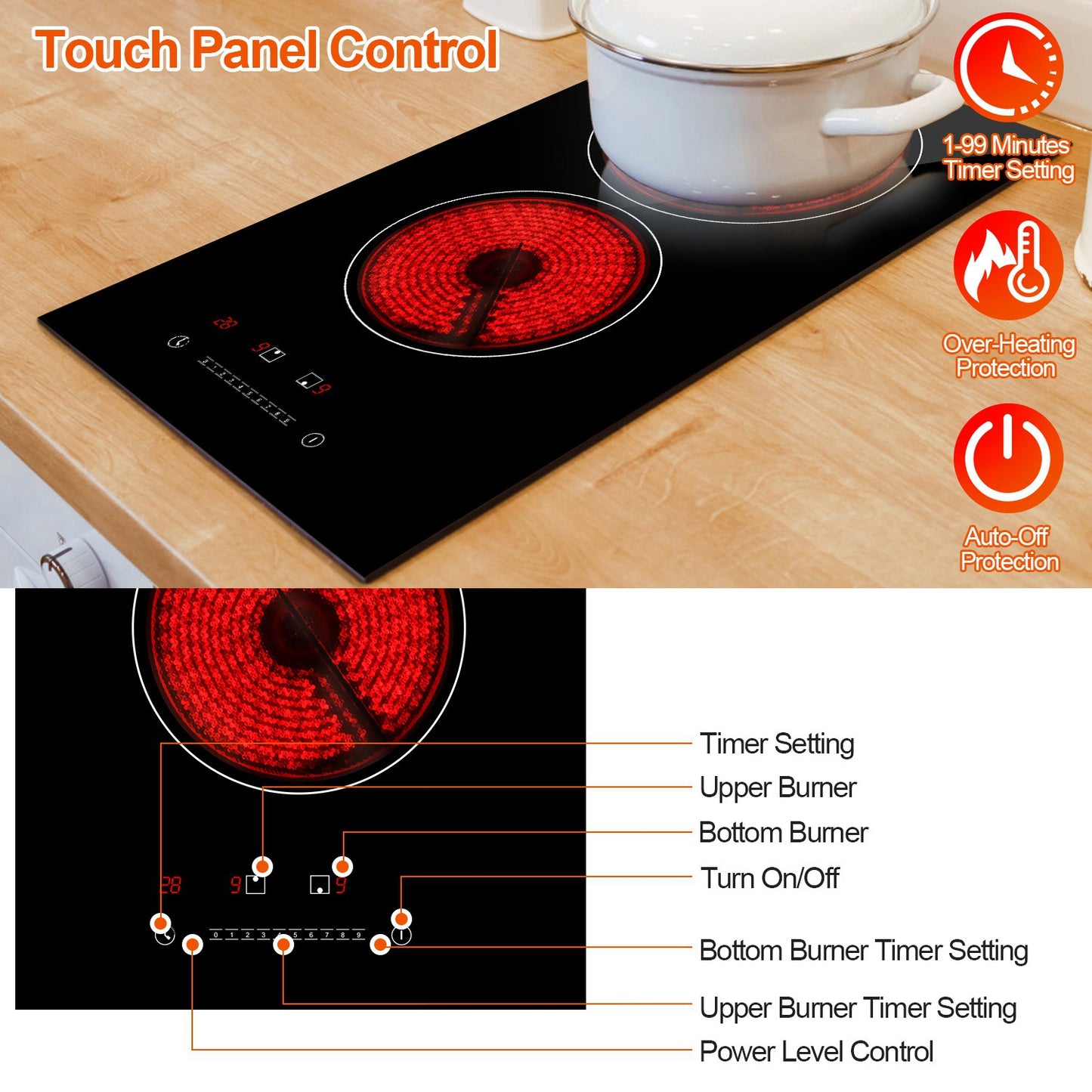 Dual Induction Electric Cooktop 1900W with Timer & 9 Power Levels