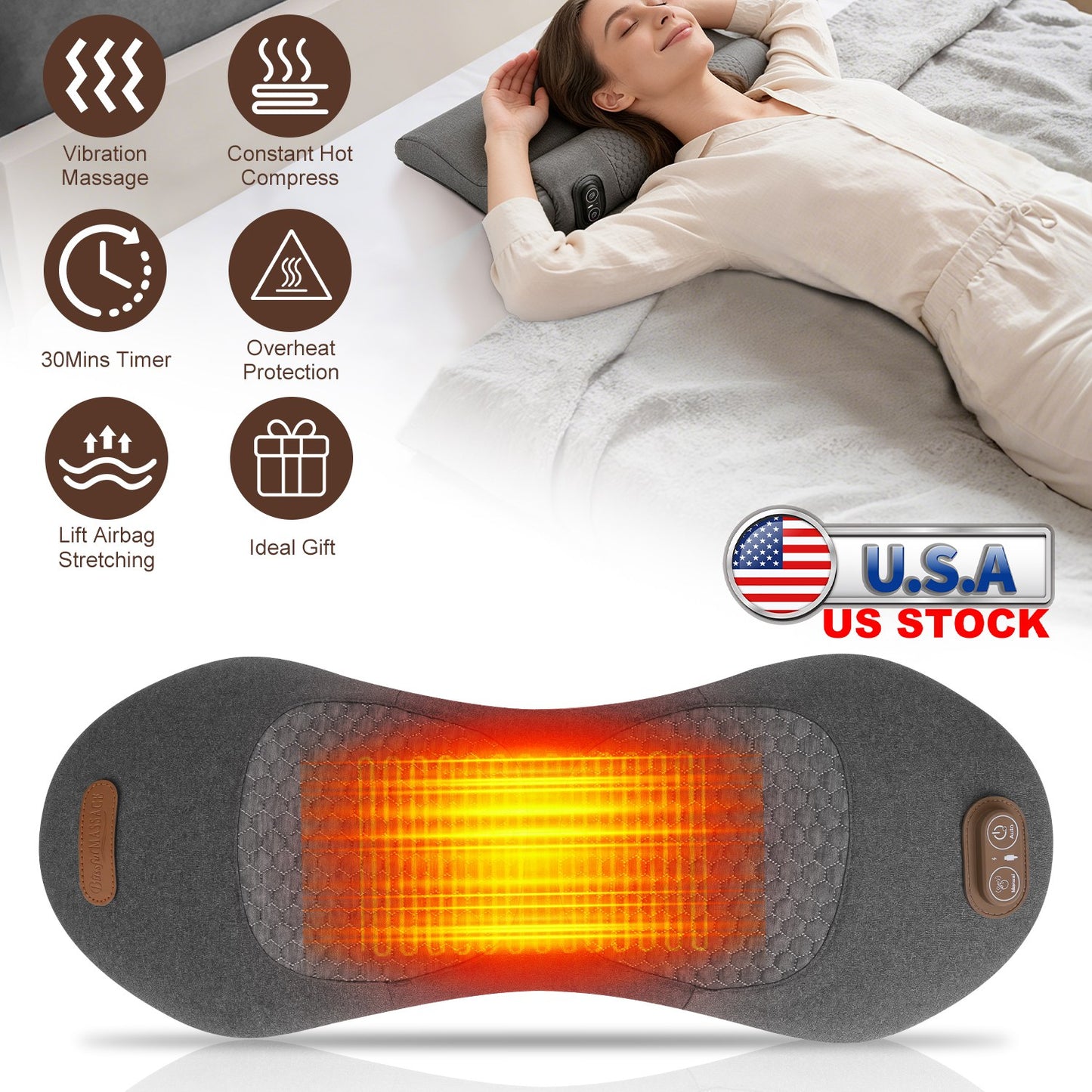Electric Lumbar Massager Pillow with Heat & Vibration