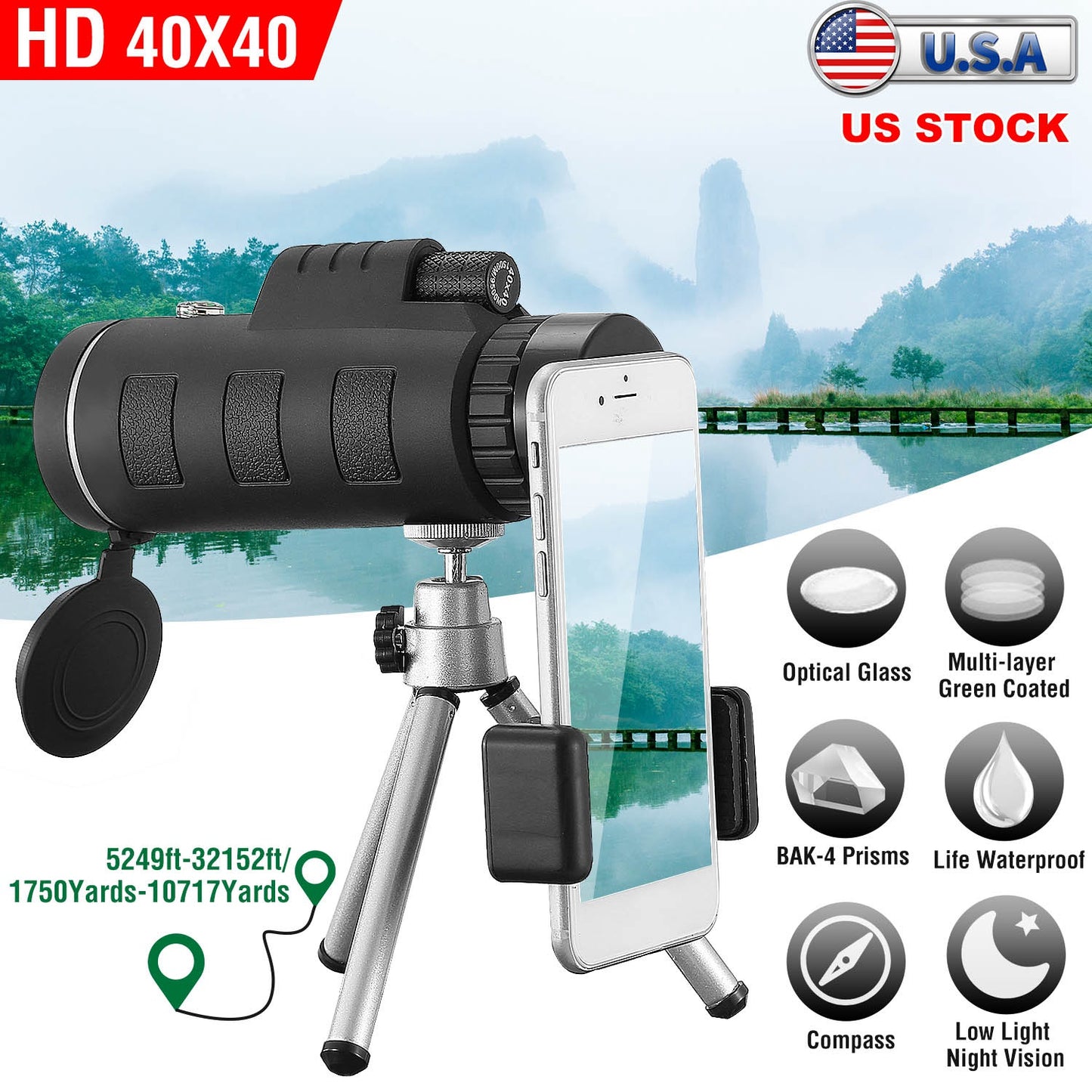 40x40 Monocular Telescope with Phone Adapter and Tripod