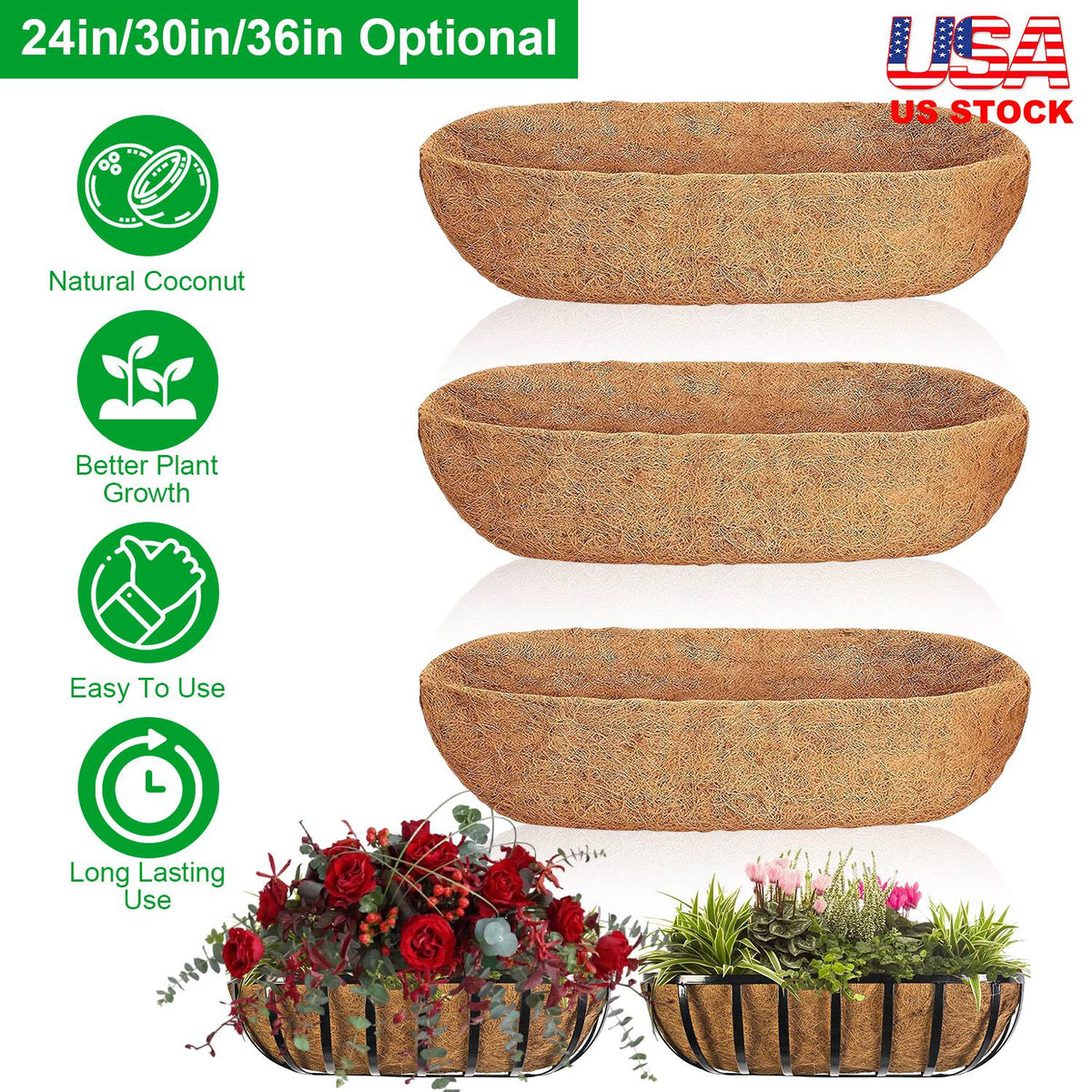 3Pcs 24in/30in/36in Trough Coco Liners For Planters Coconut Coir Planter for Window Box Hanging Trough Basket Half Moon Planter Liner Replacement For