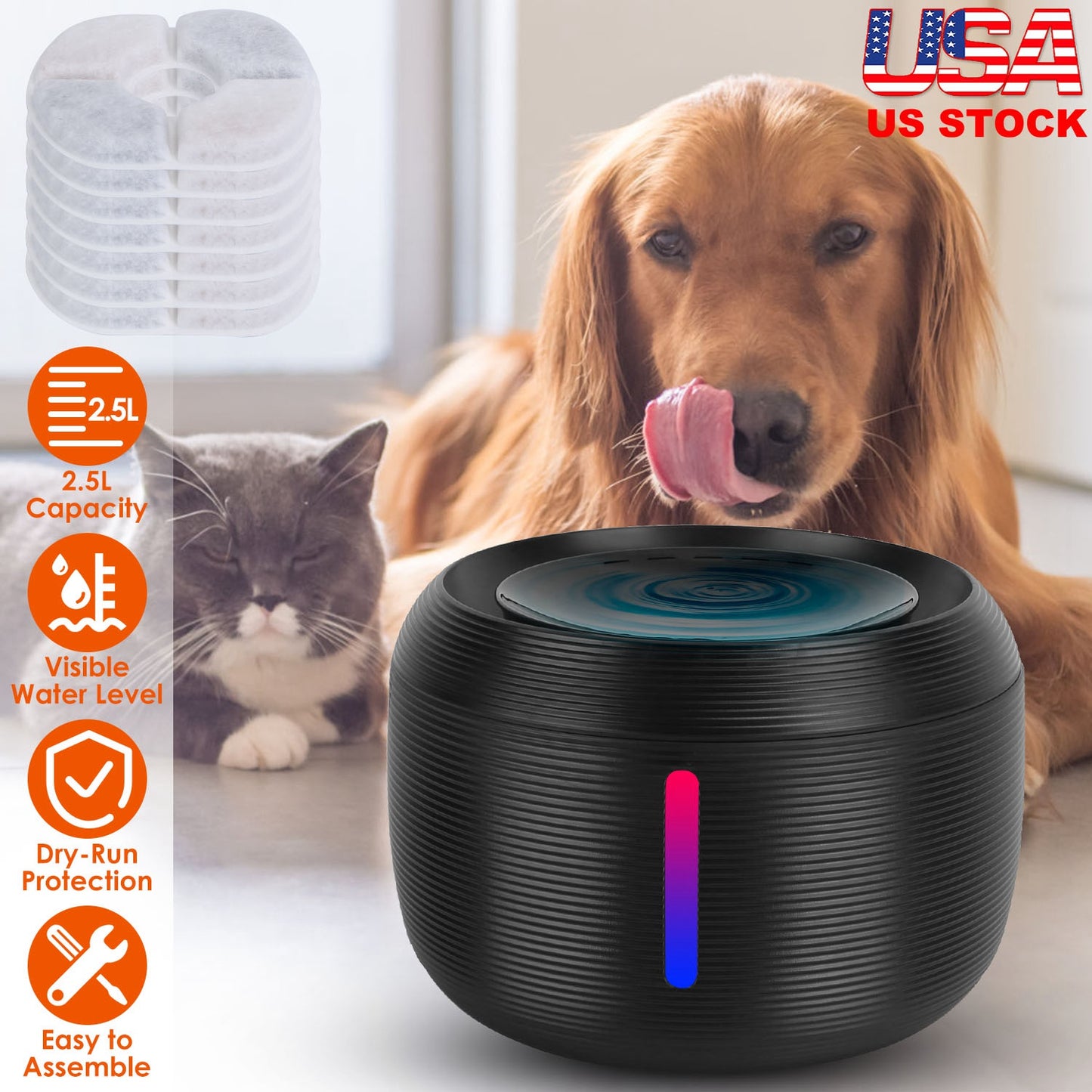 Pet Water Fountain with LED Light and Filters, 2.5L