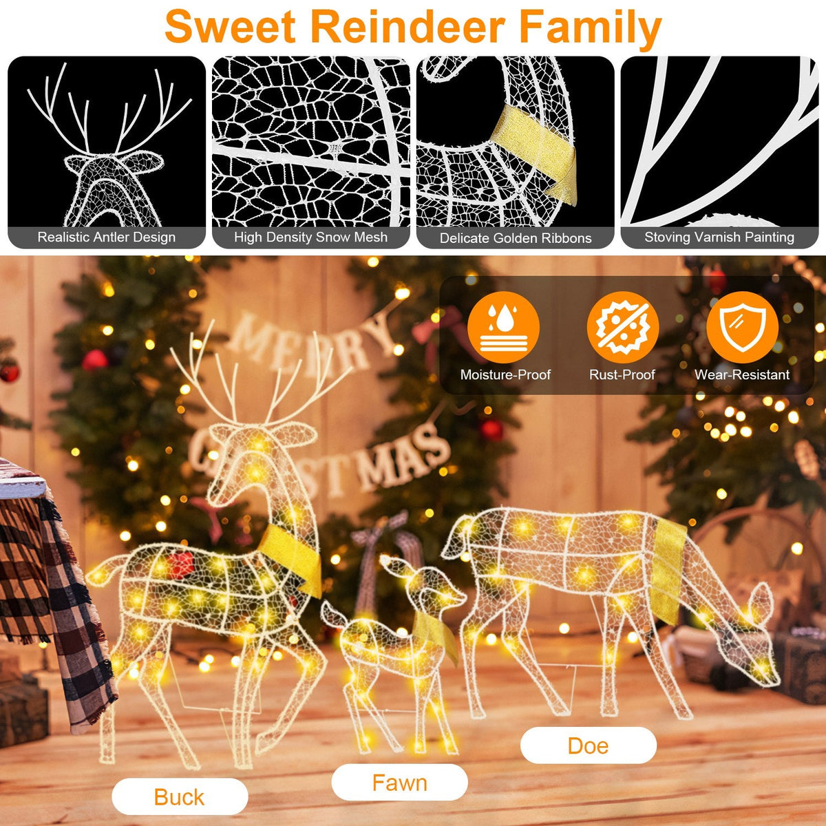3 Sets of Reindeer Family Lighted 2D Christmas Deer Decoration Warm Yellow Light 3 Lighting Modes Buck Doe Fawn Indoor Outdoor Christmas Decoration
