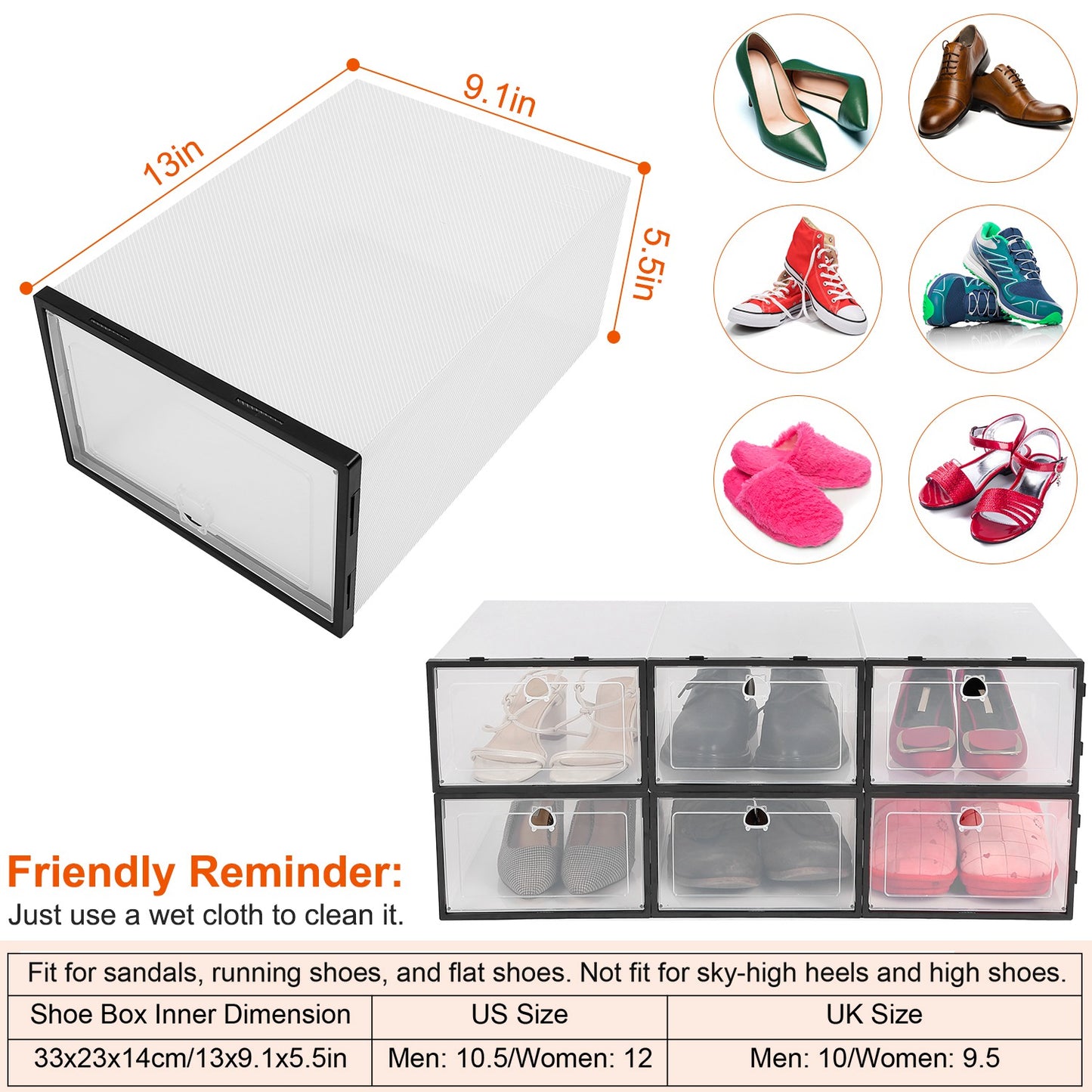 Collapsible Shoe Storage Boxes - Stackable Clear Organizer (6-Pack)