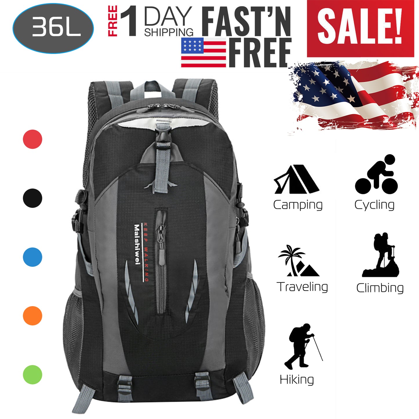 36L Waterproof Hiking Backpack with Ergonomic Design