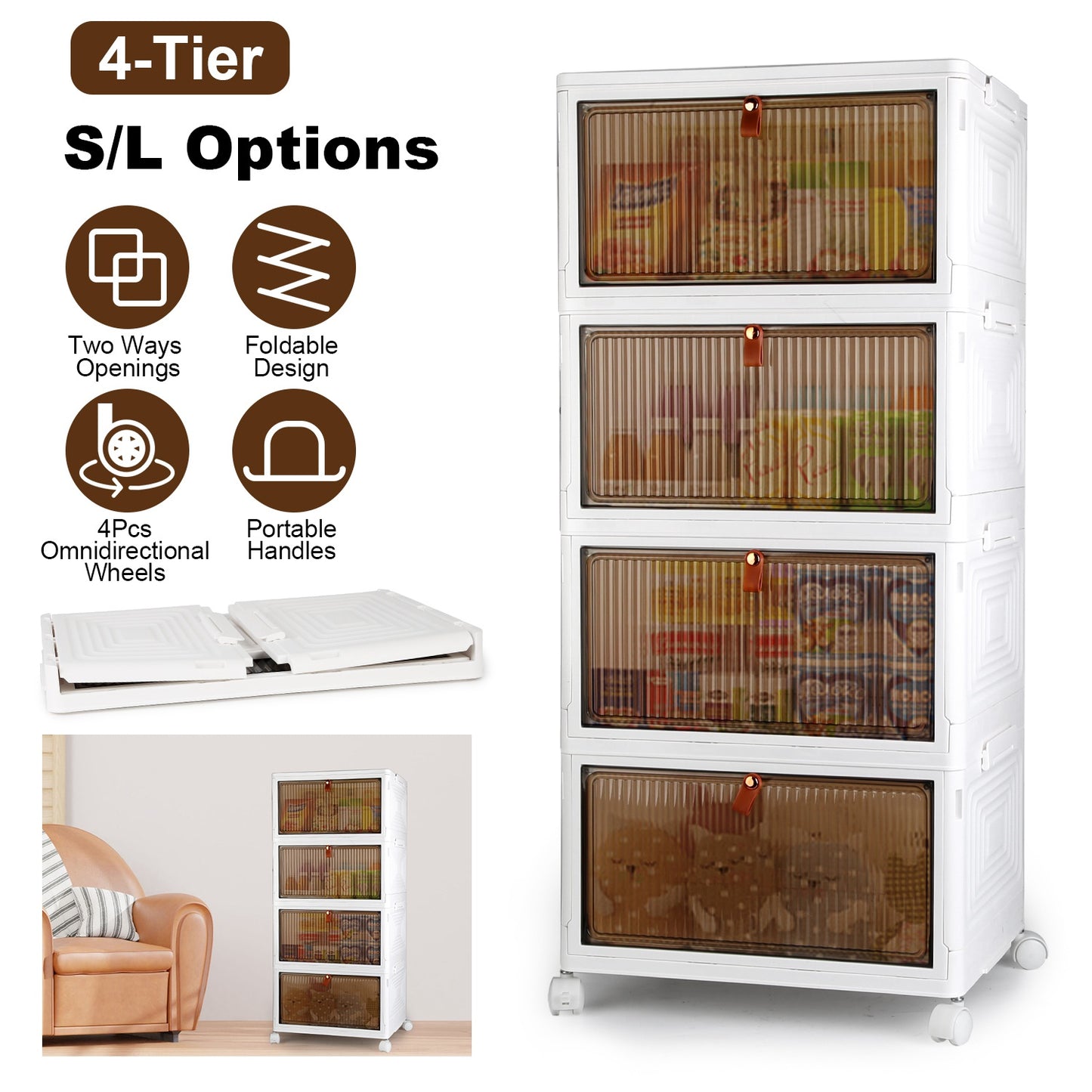 4-Tier Stackable Storage Bins with Wheels and Magnetic Door