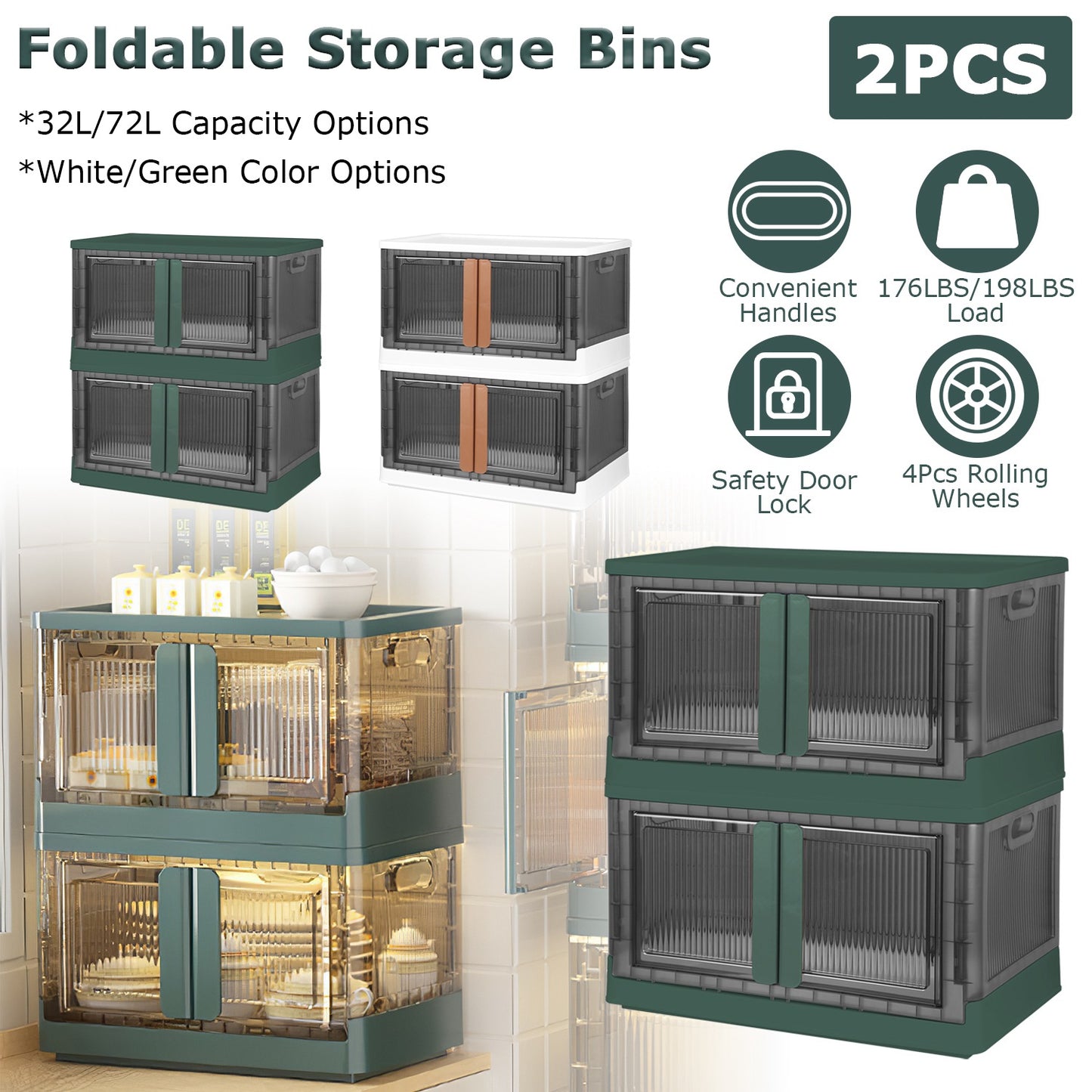 32L Foldable Storage Bins with Lid and Front Door - 2 Pack