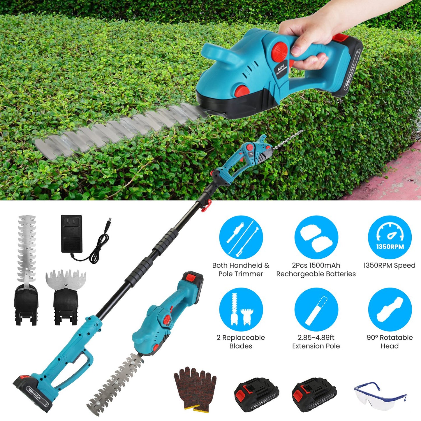 Cordless Hedge Trimmer with Telescopic Pole & Rotating Head