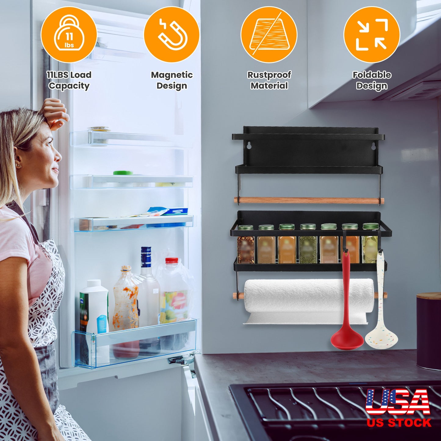 Magnetic Spice Rack for Refrigerator with Paper Towel Holder