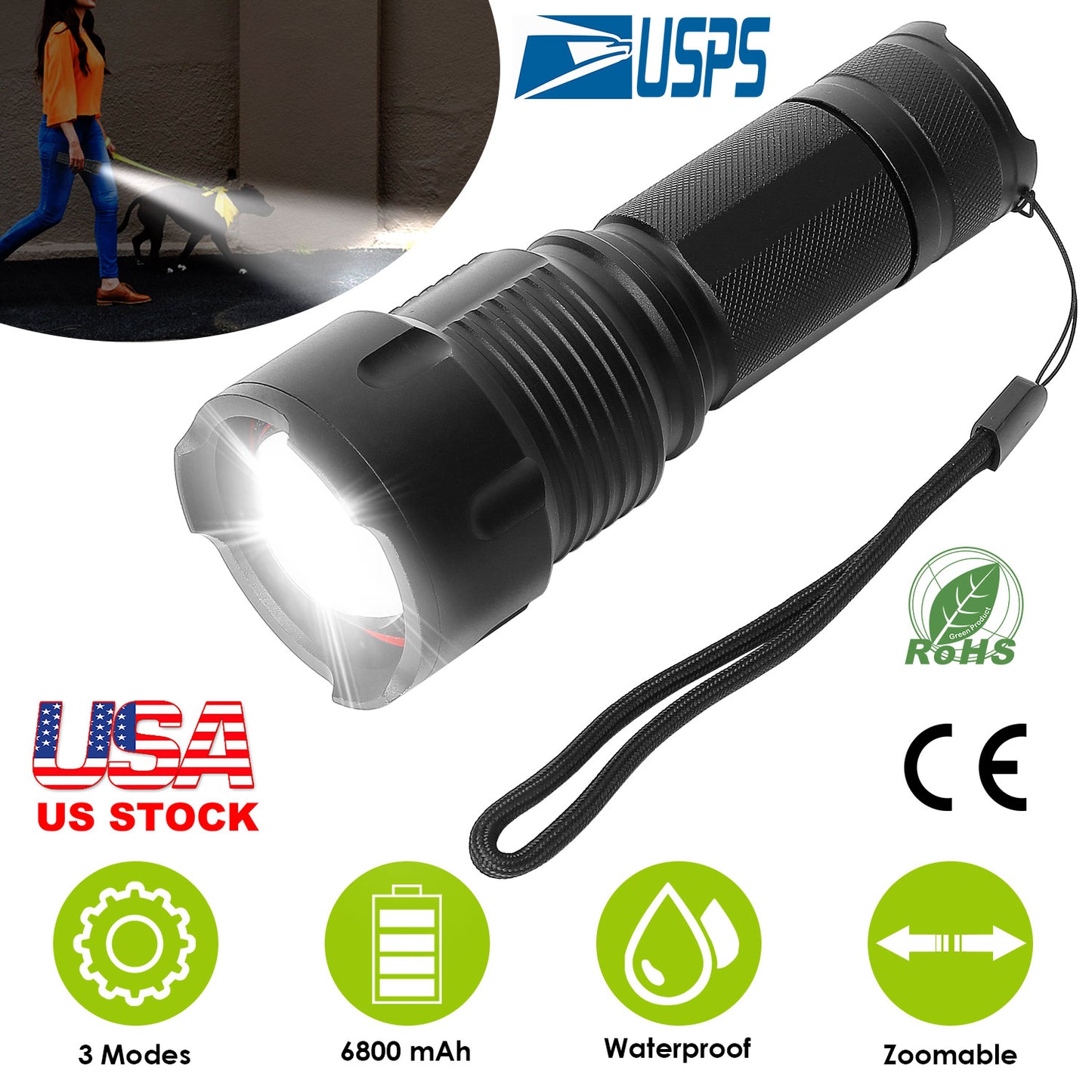 Rechargeable LED Flashlight with Zoomable Focus & 3 Modes