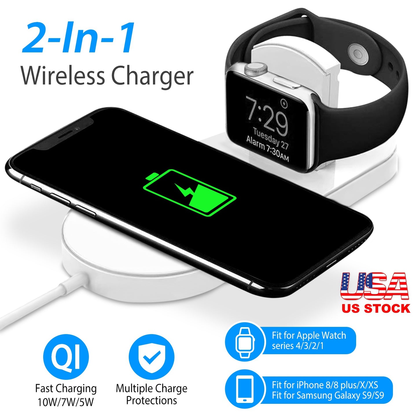 2-in-1 Wireless Charger for iPhone & Apple Watch - 10W Qi Pad