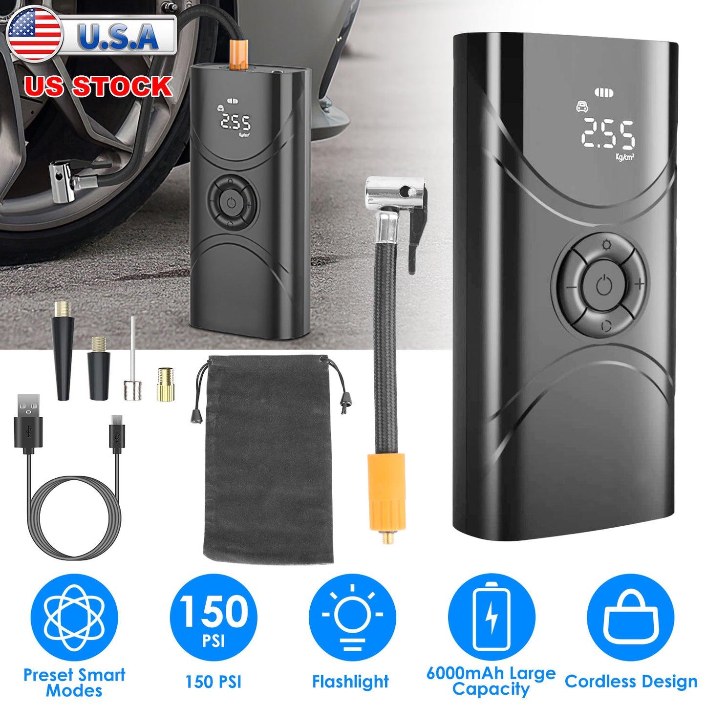Portable Tire Inflator 150 PSI Wireless Air Compressor 6000mAh