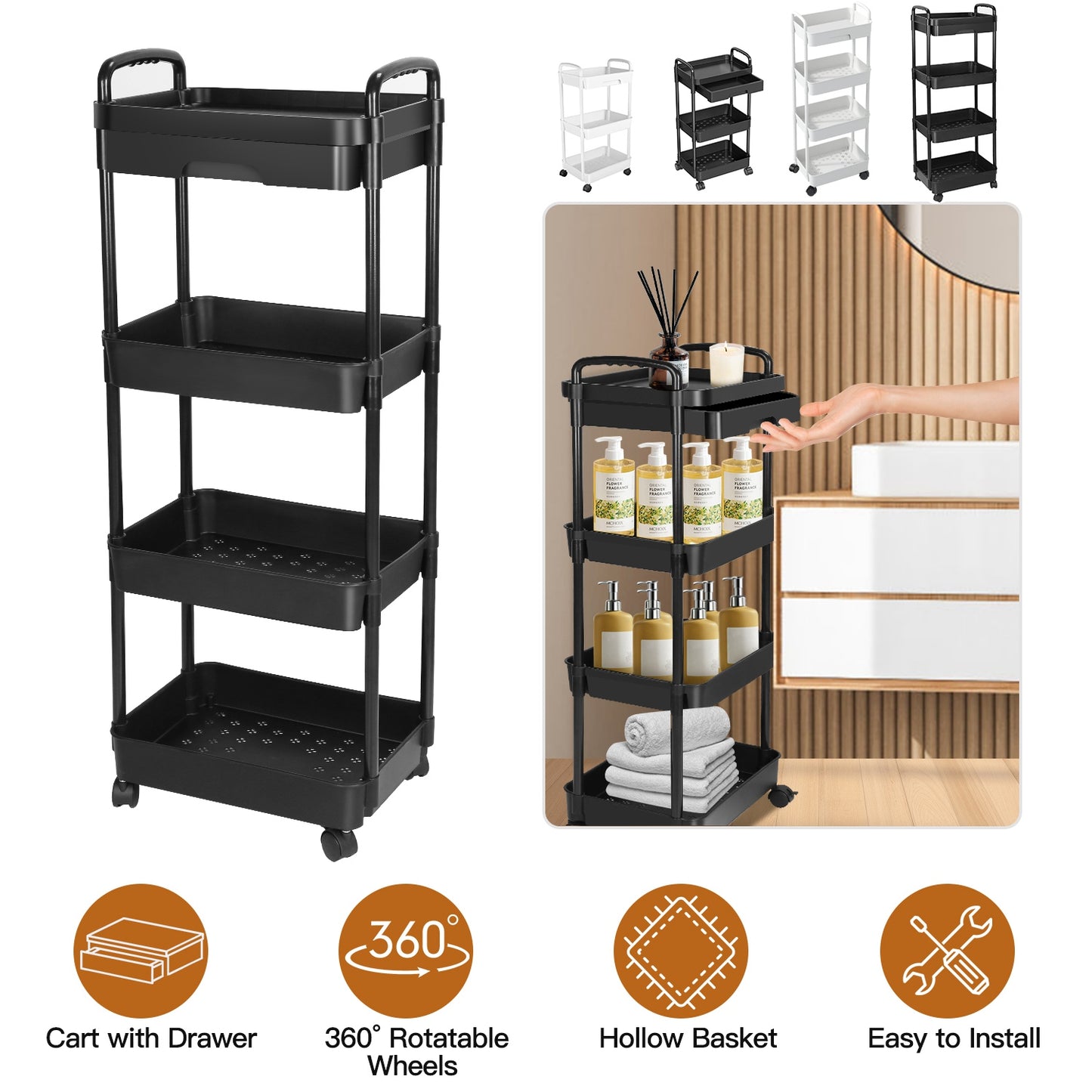 3-Tier Rolling Utility Cart with Drawer and Lockable Wheels