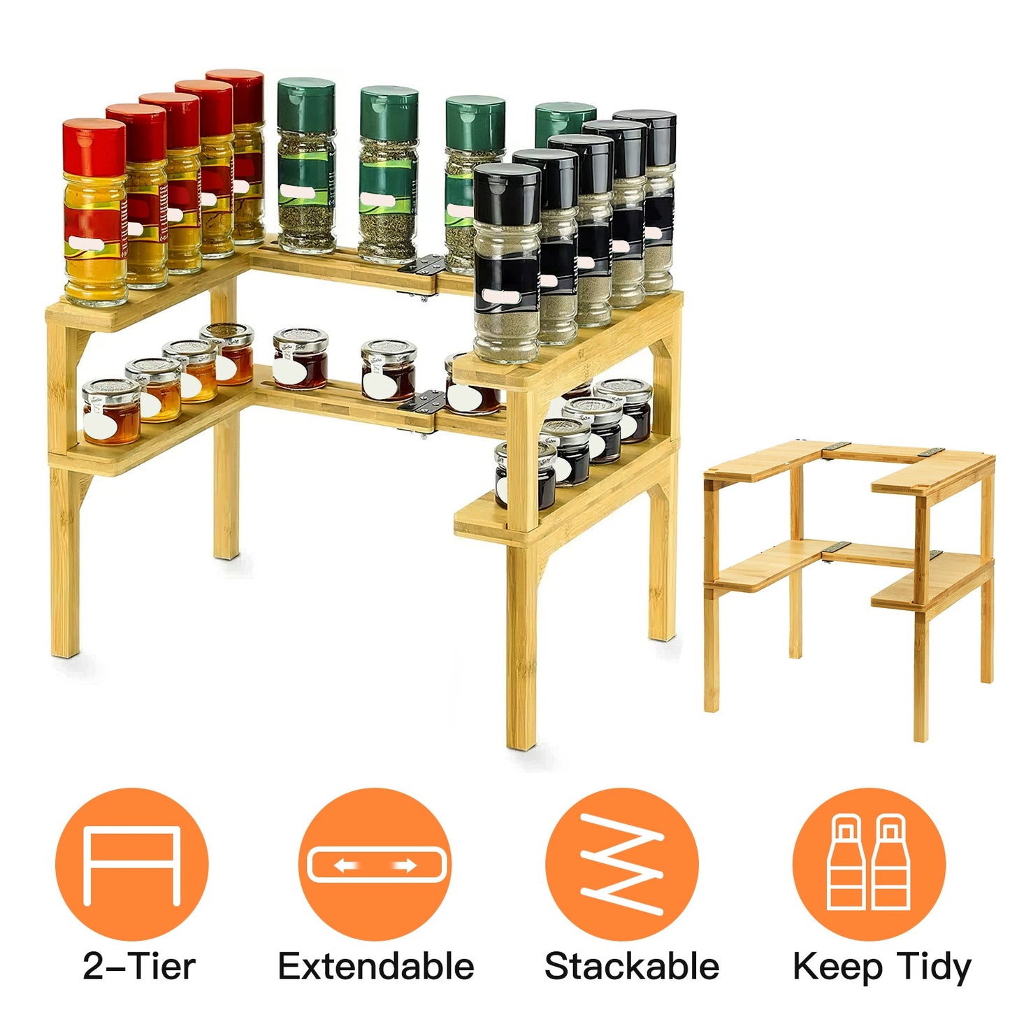 2-Tier Expandable Bamboo Spice Rack Organizer for Cabinet