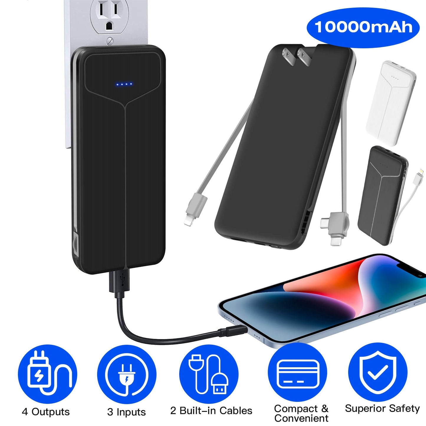 10000mAh Power Bank with Built-In Cables & US Plug