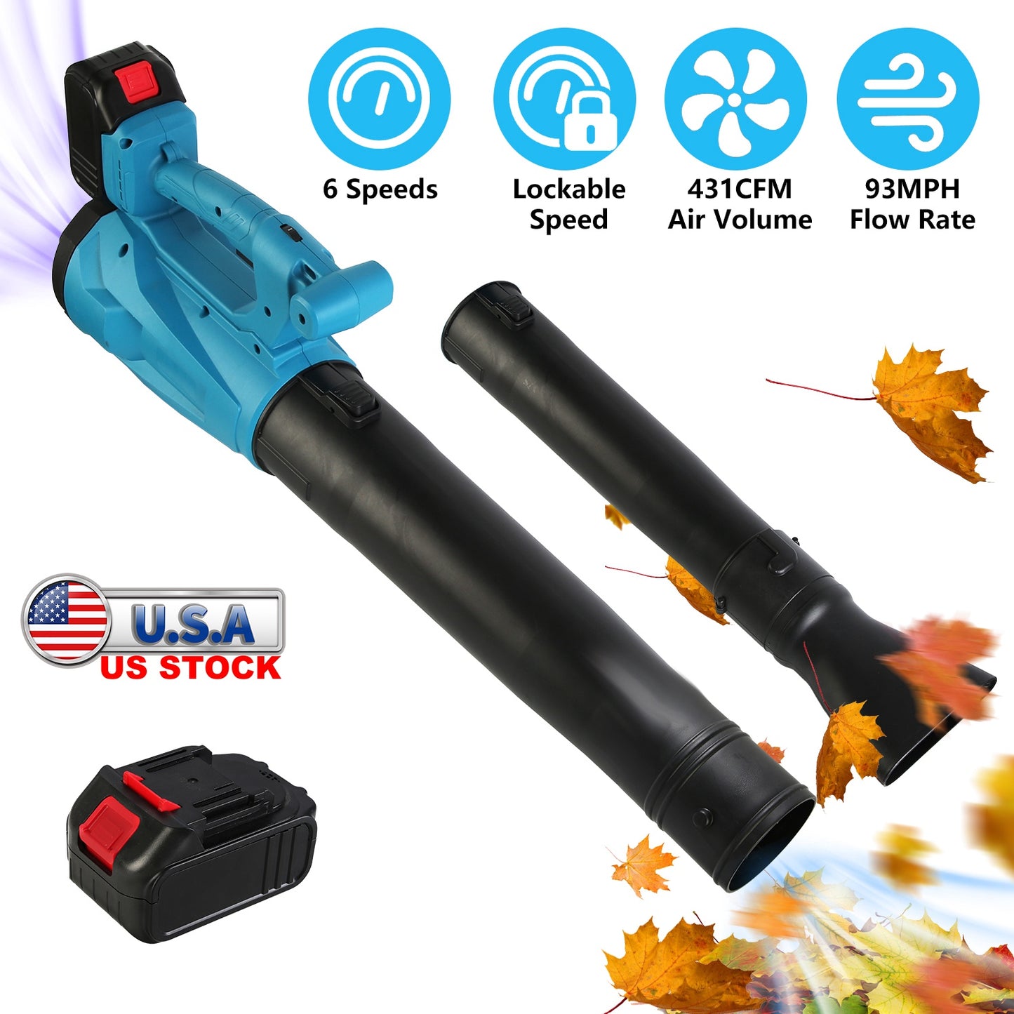 Cordless Leaf Blower 93MPH 431CFM with 2 Batteries