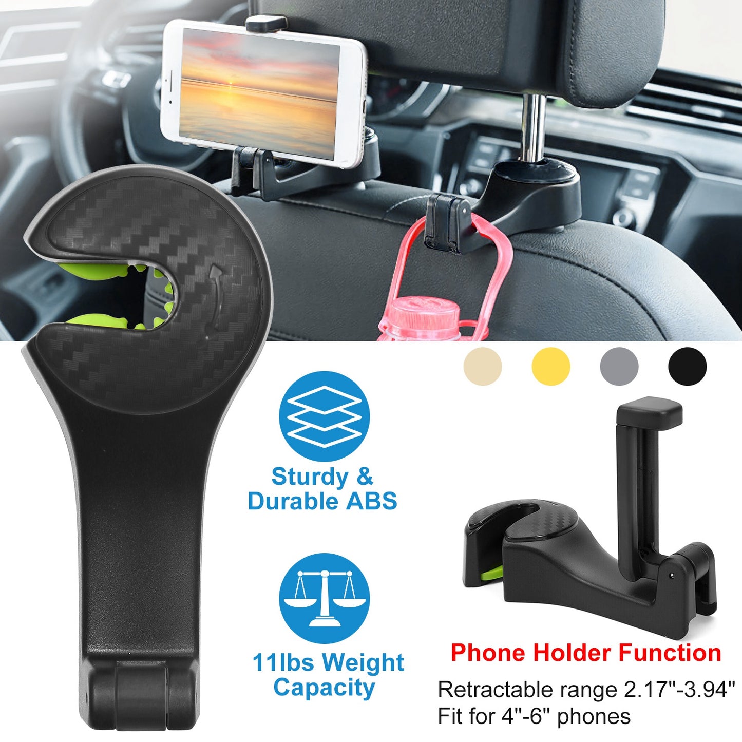 Car Headrest Hook with Phone Holder and Locking Design