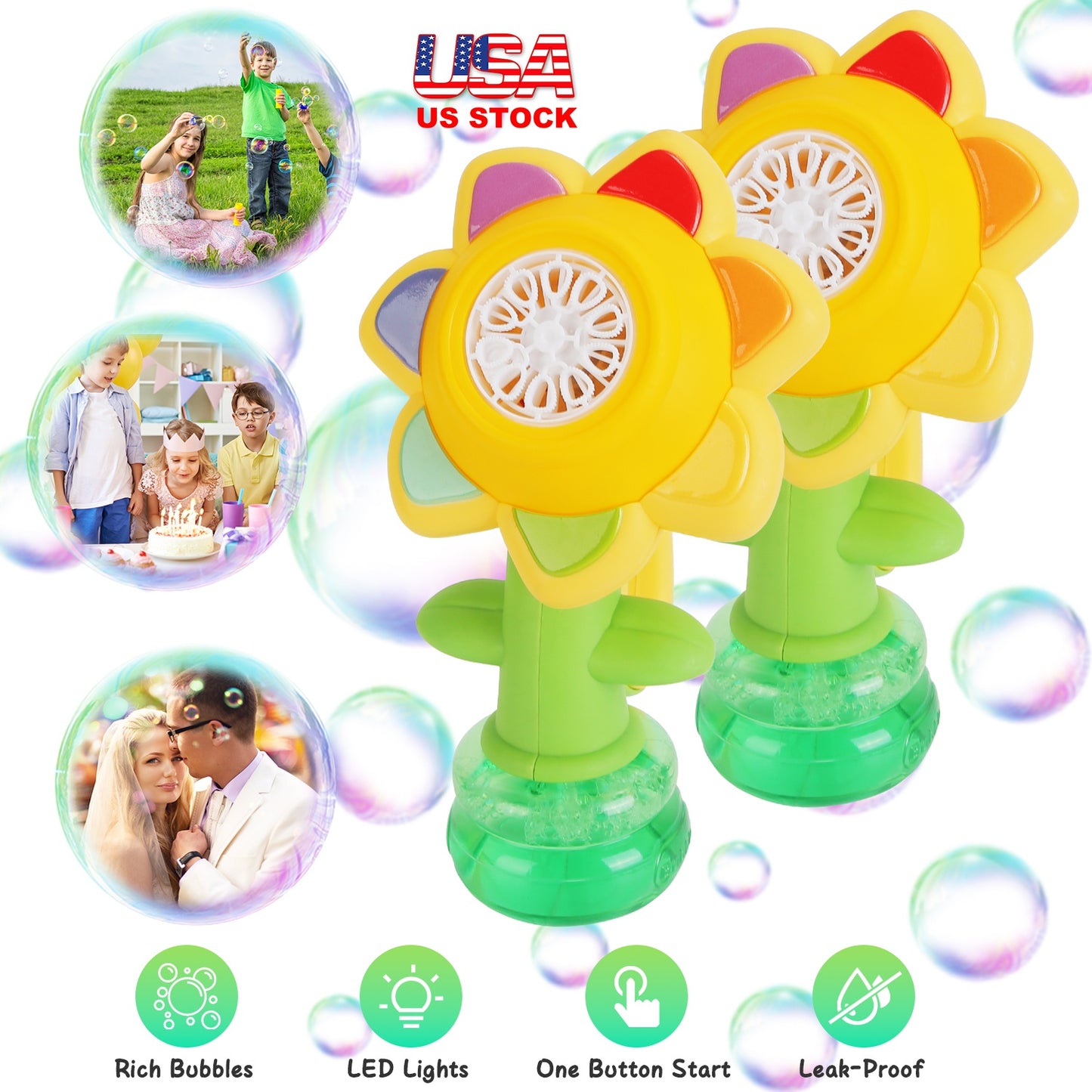 Rechargeable Sunflower Bubble Machine with LED Lights (2-Pack)