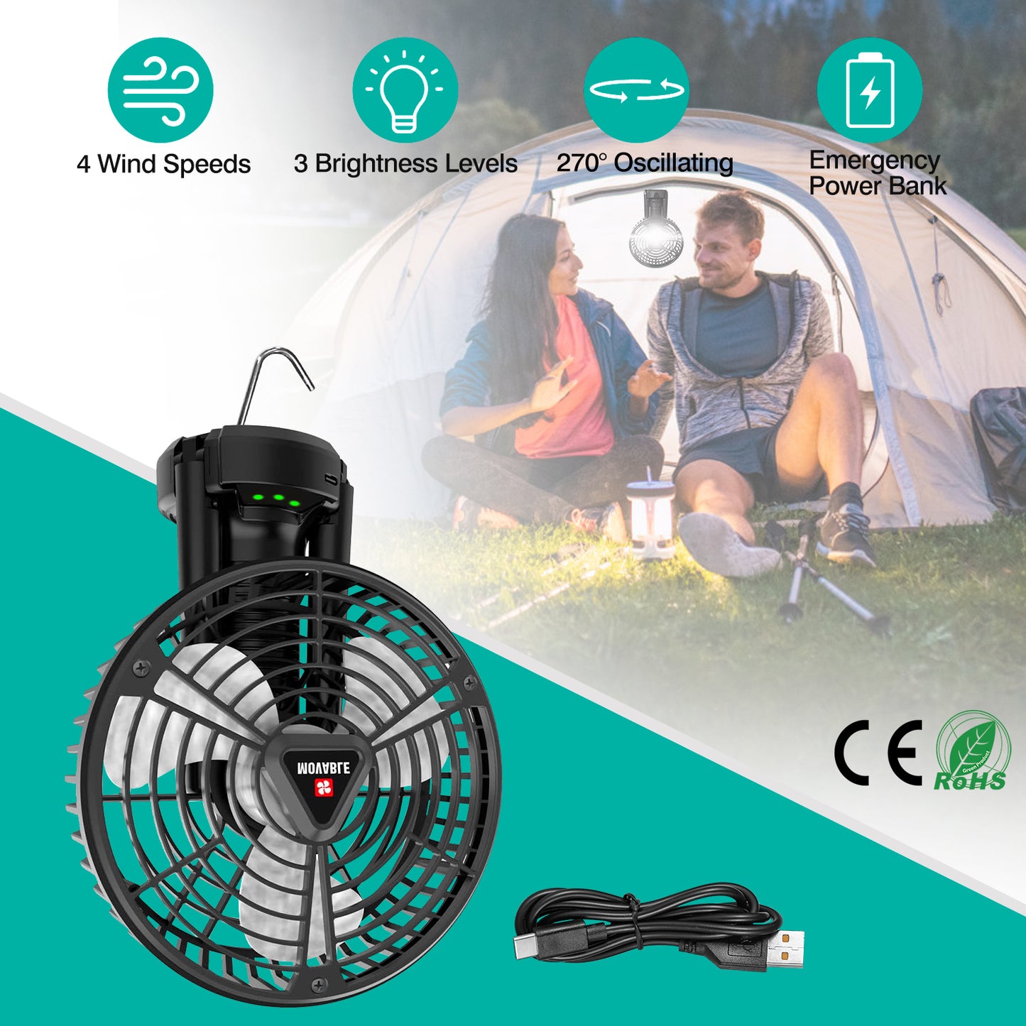 Camping Fan with LED Light & Power Bank - 270° Oscillating
