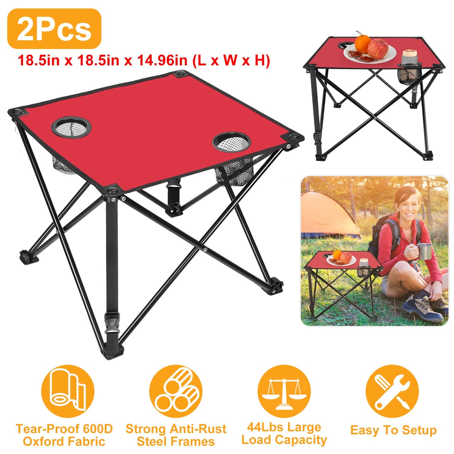 Foldable Camping Table with Cup Holders & Carry Bag (2-Pack)