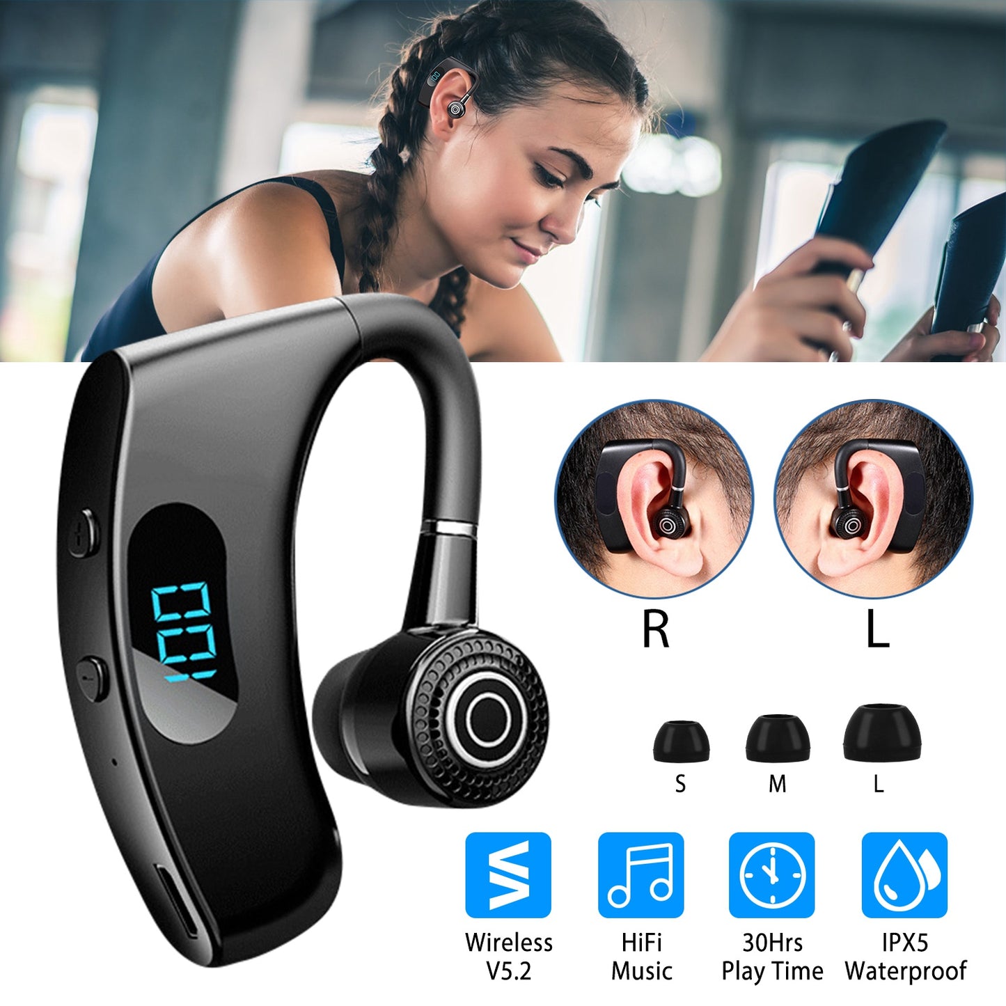 Wireless Bluetooth Earpiece with 30-Hour Battery Life