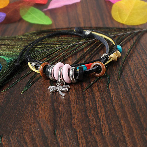 Fashion Dragonfly Pendant Leather Wristband