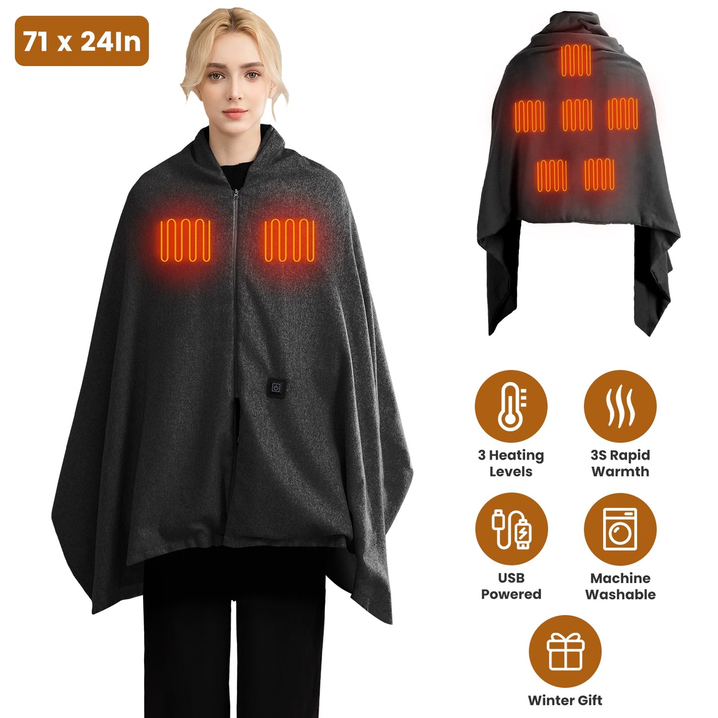 USB Heated Shawl with 3 Heat Levels and Zipper
