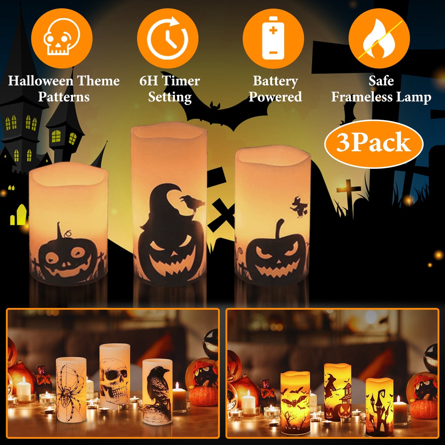 Flameless Halloween Candles with Timer - 3 Pack LED Battery Operated