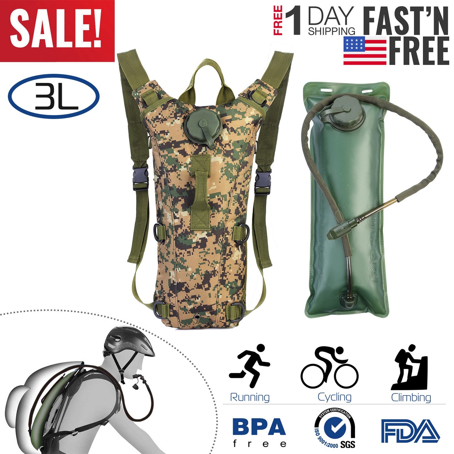 Tactical Hydration Pack with 3L Water Bladder