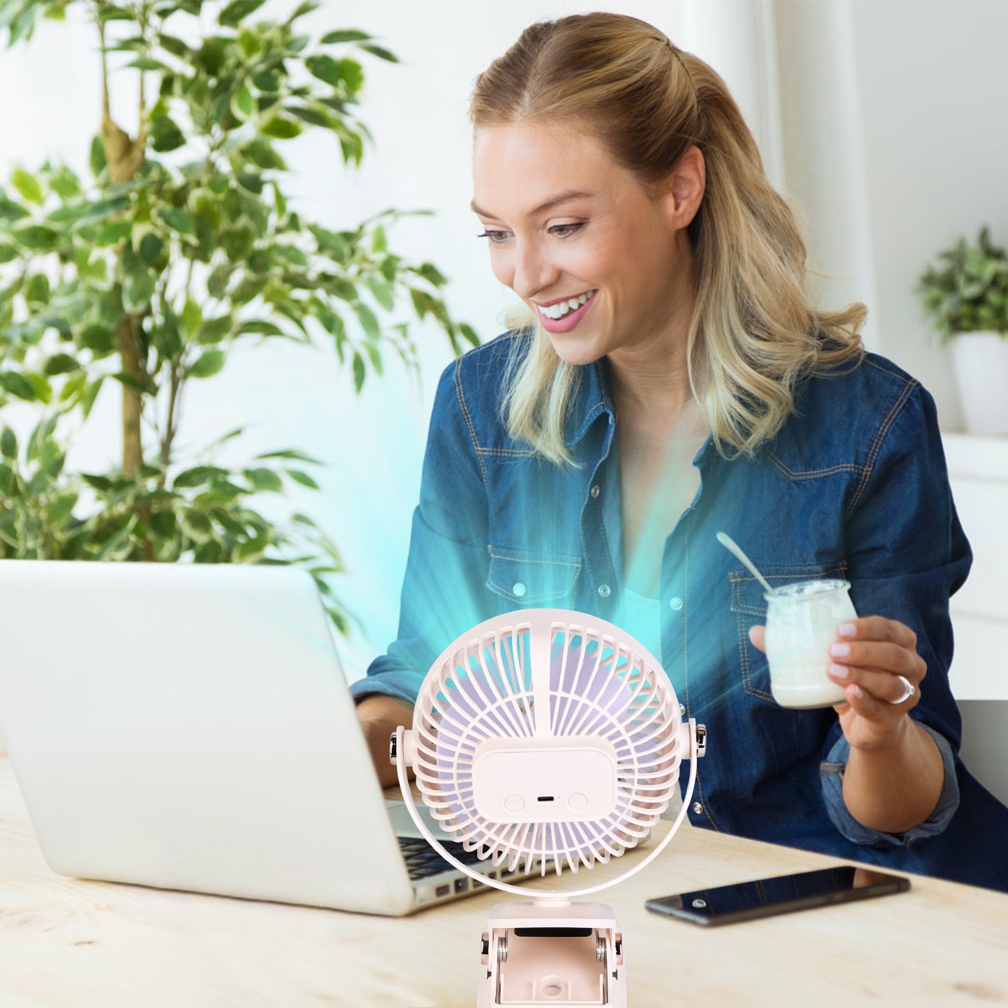 Clip-On Fan with 5 Speeds, LED Light & 720° Rotation