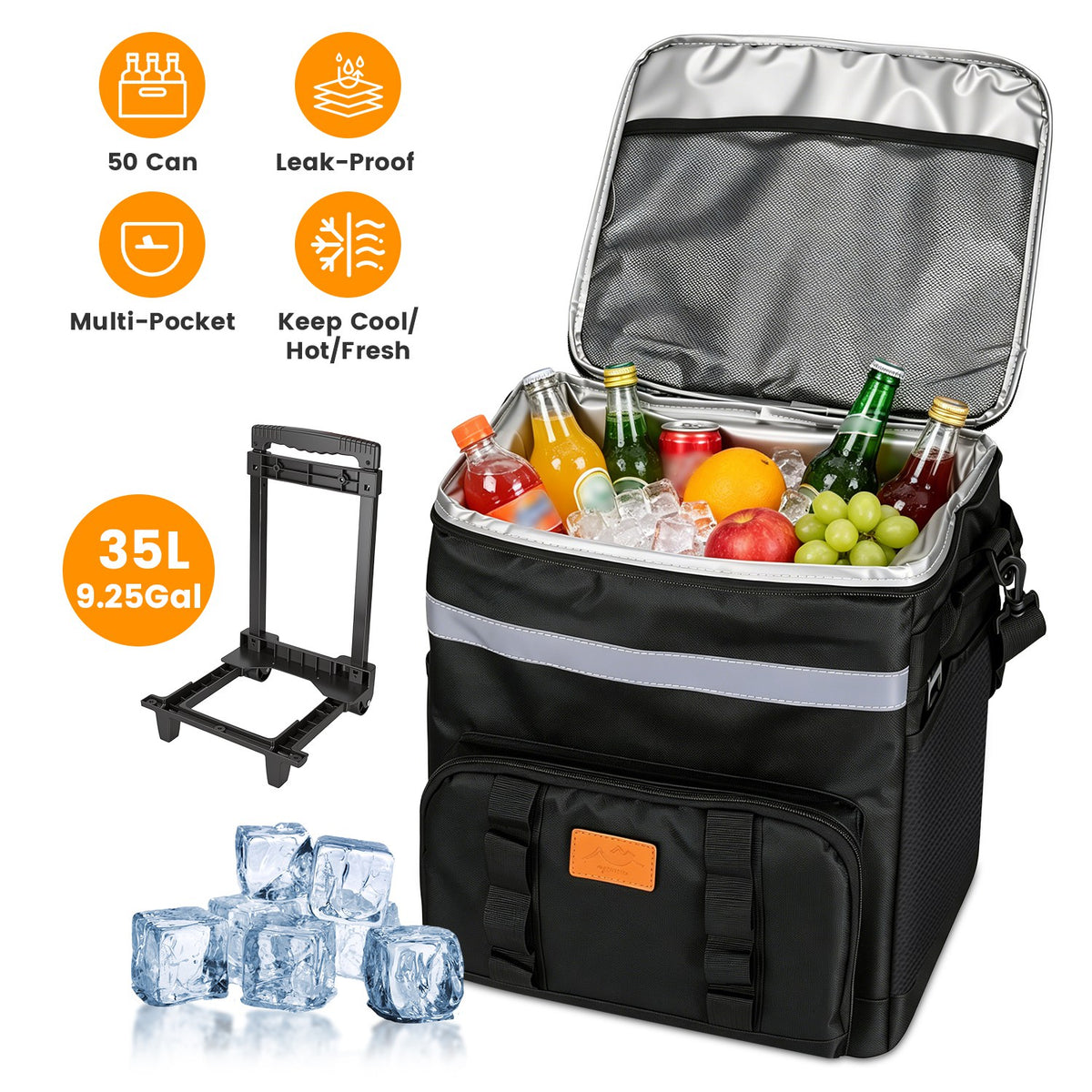 Portable Rolling Cooler Bag with Wheels and Side Handles Shoulder Strap 35L 50 Can Collapsible Insulated Leakproof Coole