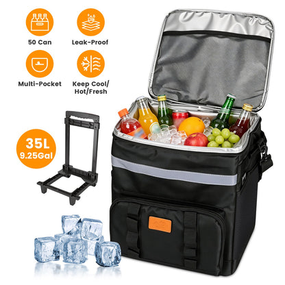 Portable Rolling Cooler Bag with Wheels and Side Handles Shoulder Strap 35L 50 Can Collapsible Insulated Leakproof Coole