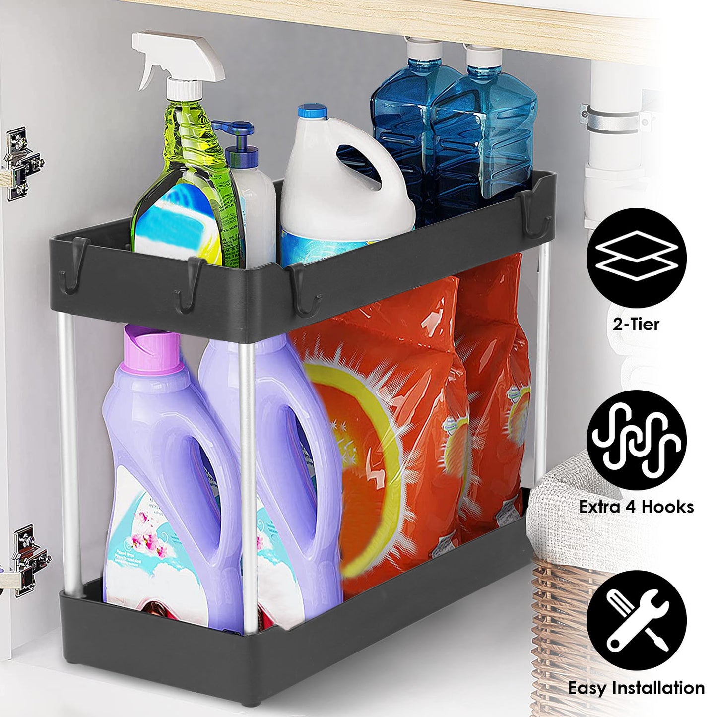 2-Tier Under Sink Organizer with 4 Hooks