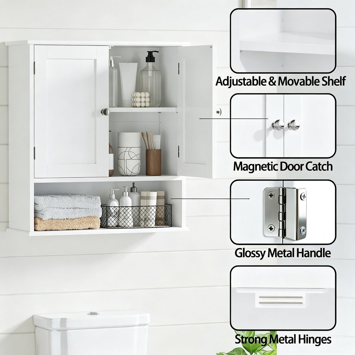 Wall Mounted Bathroom Cabinet with Adjustable Shelf & Doors