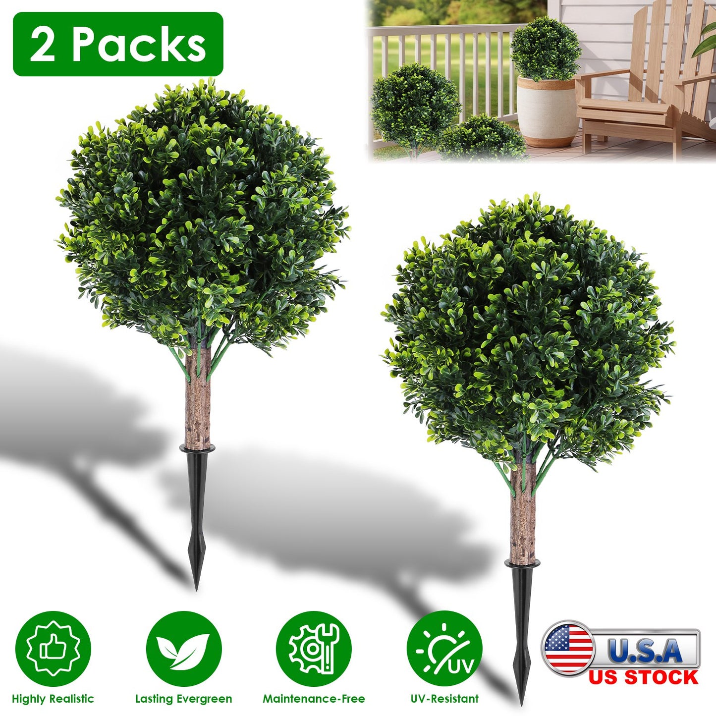 Artificial Boxwood Ball Topiary Tree with Ground Spike - 2 Pack