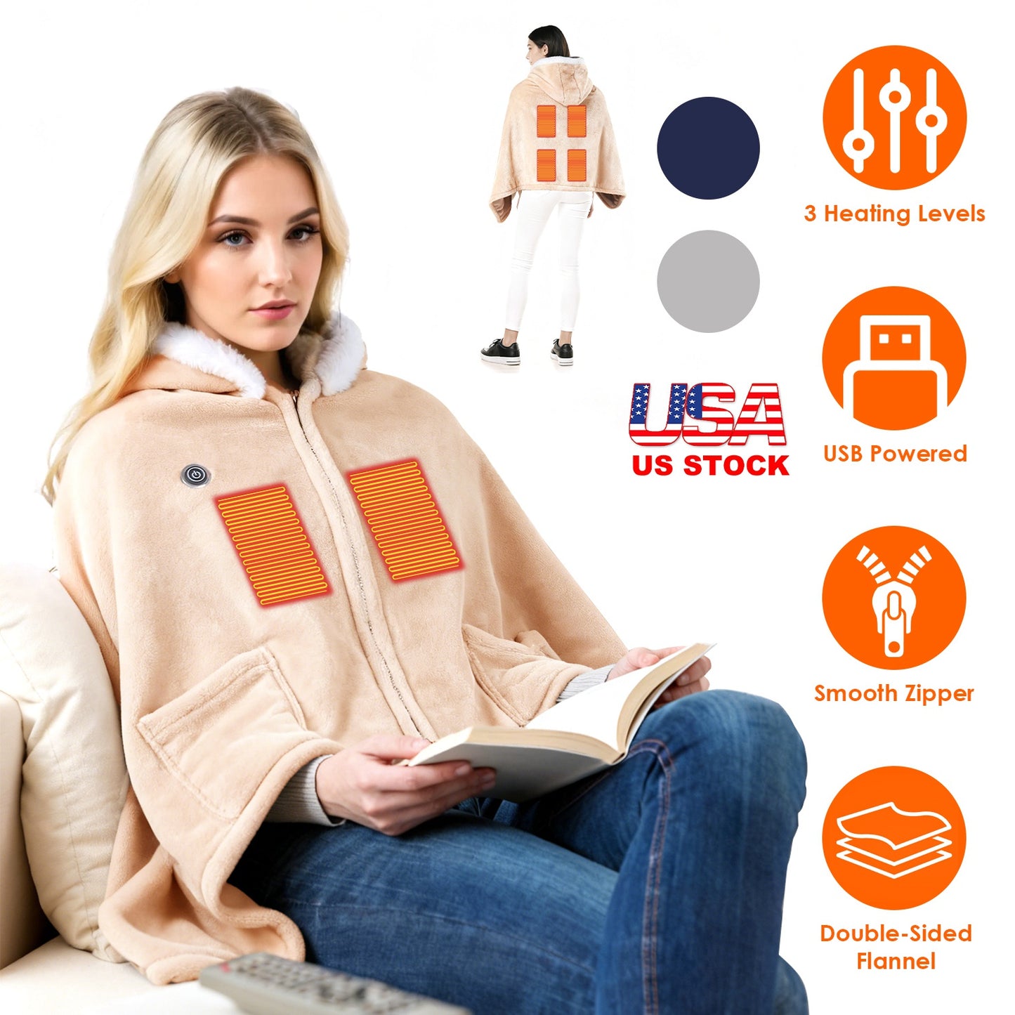 Wearable Heated Blanket with 8 Heating Zones & 3 Temperature Levels