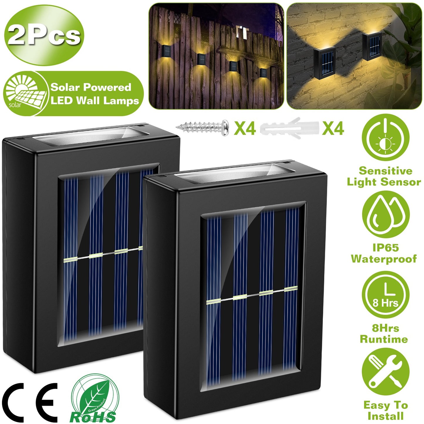 Solar Deck Lights Outdoor - 2 Pack Waterproof LED Fence Lamps