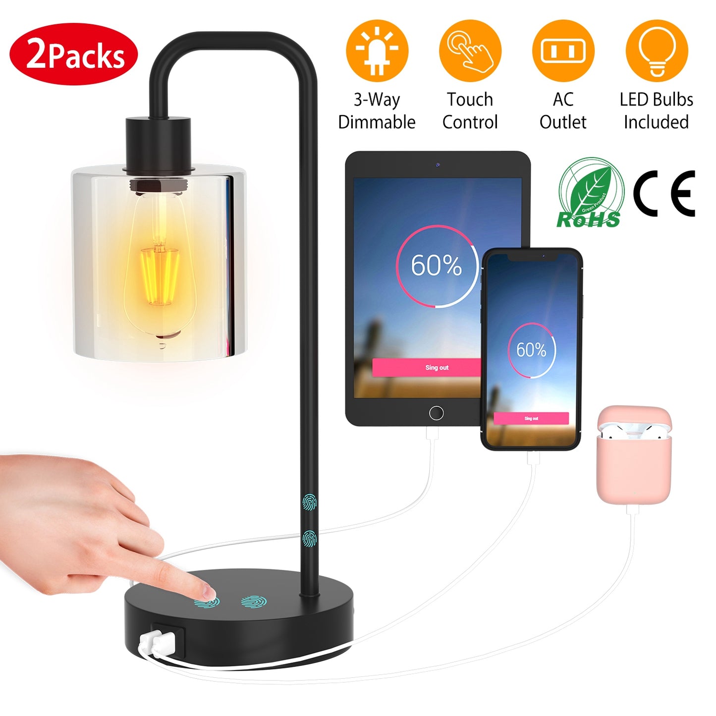 Touch Control Table Lamp with USB Ports & Dimmable Light